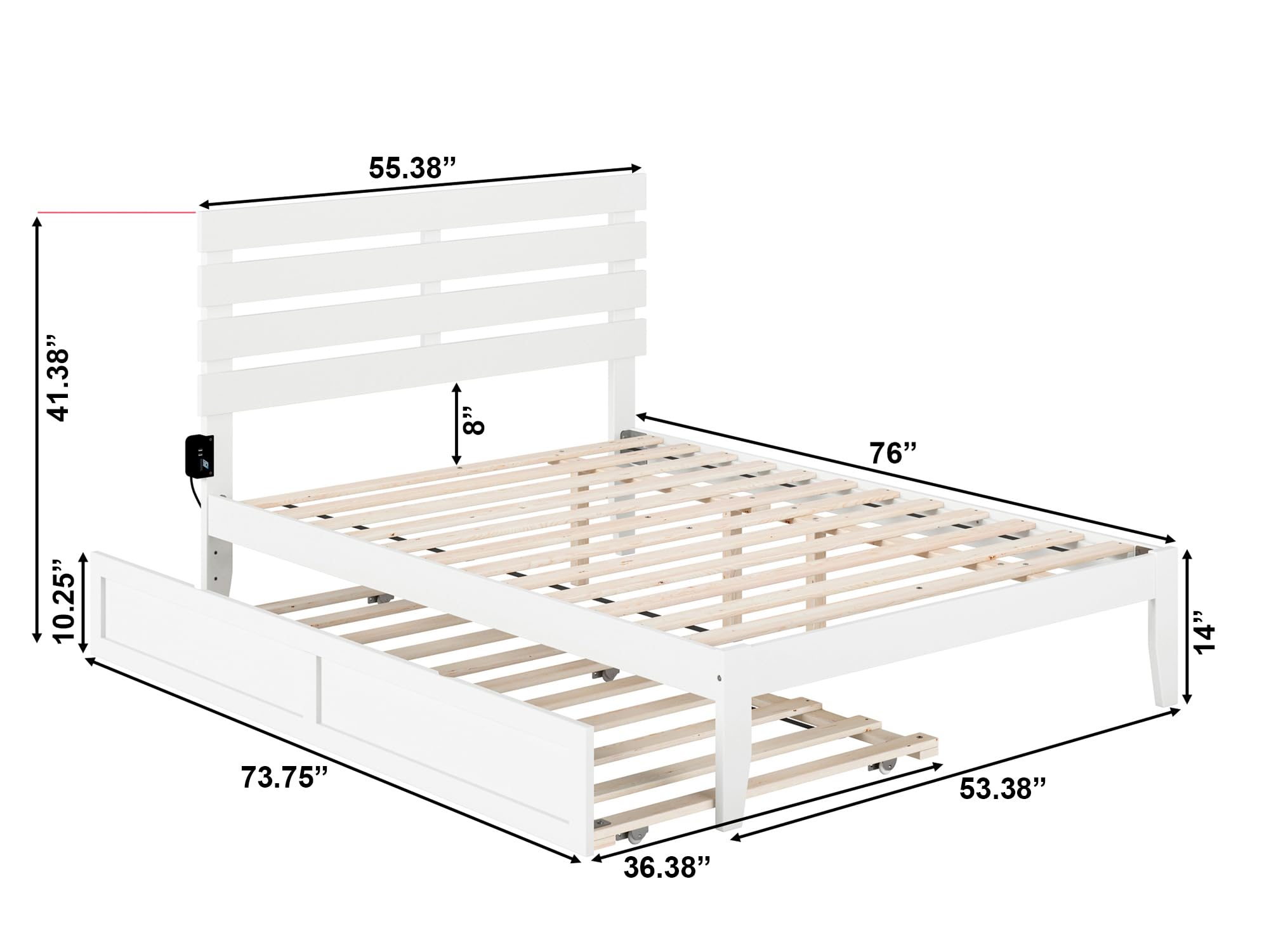 AFI Oxford Full Size Platform Bed with Twin Trundle & USB Charging Station - White Modern Bed Frame for Small Spaces, Guest Rooms & Kids' Bedrooms