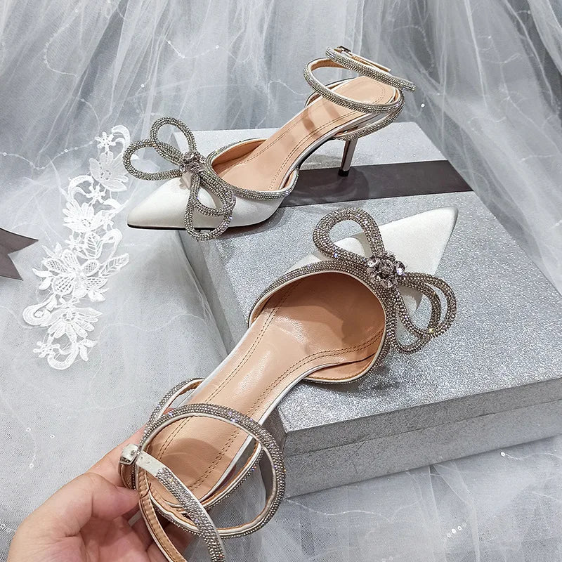 Sparkly Rhinestone Women's High Heel Pumps - Crystal Bow Satin Sandals | Transparent Summer Party Shoes for Prom, Wedding & Evening Events (2025 Collection)