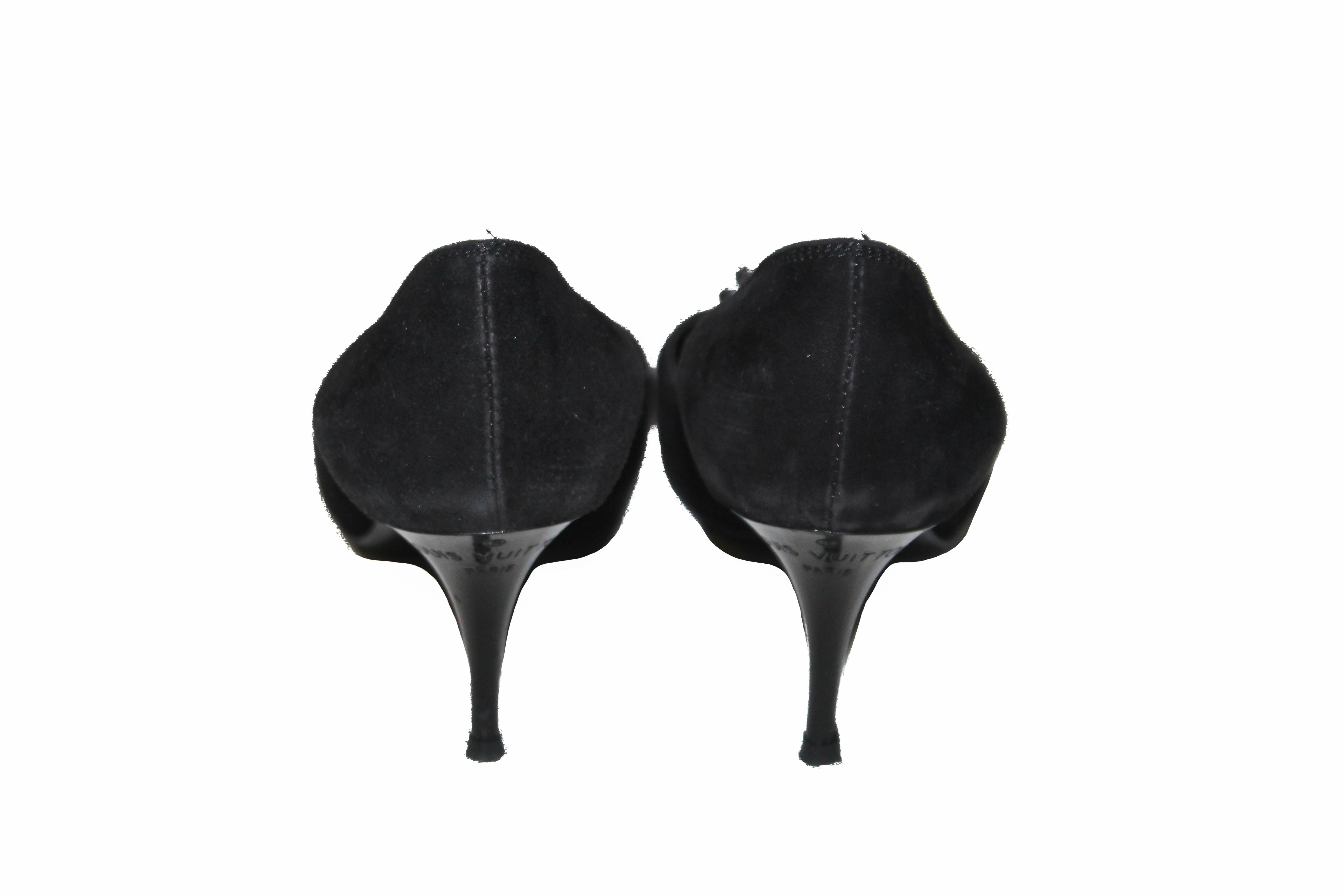 Authentic Louis Vuitton Black Suede Leather Bow Pointed Toe Pumps Women's Shoes Size 37.5 (US 7.5) - Elegant High Heels for Party, Wedding & Formal Occasions