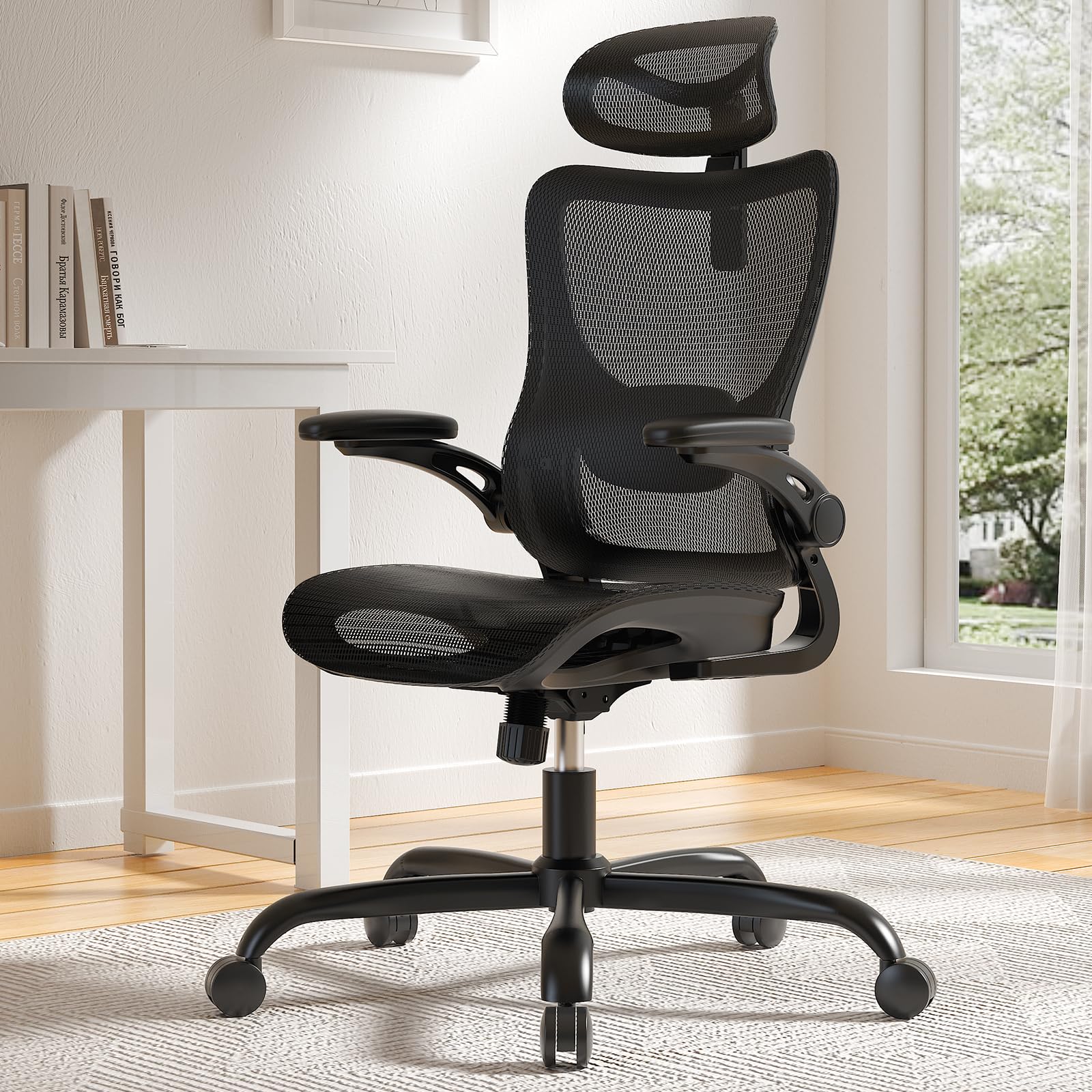 Ergonomic Mesh Office Chair with Lumbar Support - High Back Adjustable Desk Chair for Home Office & Gaming, 2D Headrest & 3D Flip-Up Armrests, Perfect for Long Work Sessions & Comfortable Gaming Setup
