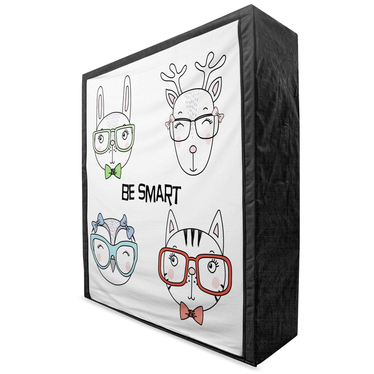Ambesonne Funny Animal Print Portable Fabric Wardrobe - Hand Drawn Cat, Bunny, Reindeer & Owl in Glasses Design - 