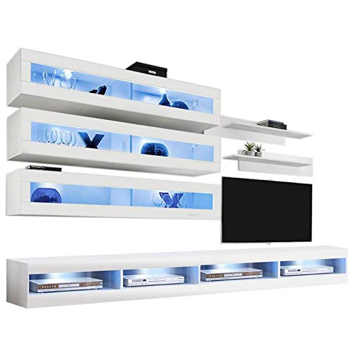 Modern White Wall-Mounted TV Stand with Storage Shelves & LED Lights - J2 34TV Entertainment Center Console for Living Room & Bedroom - Perfect for Home Theater Setup and Space-Saving Organization