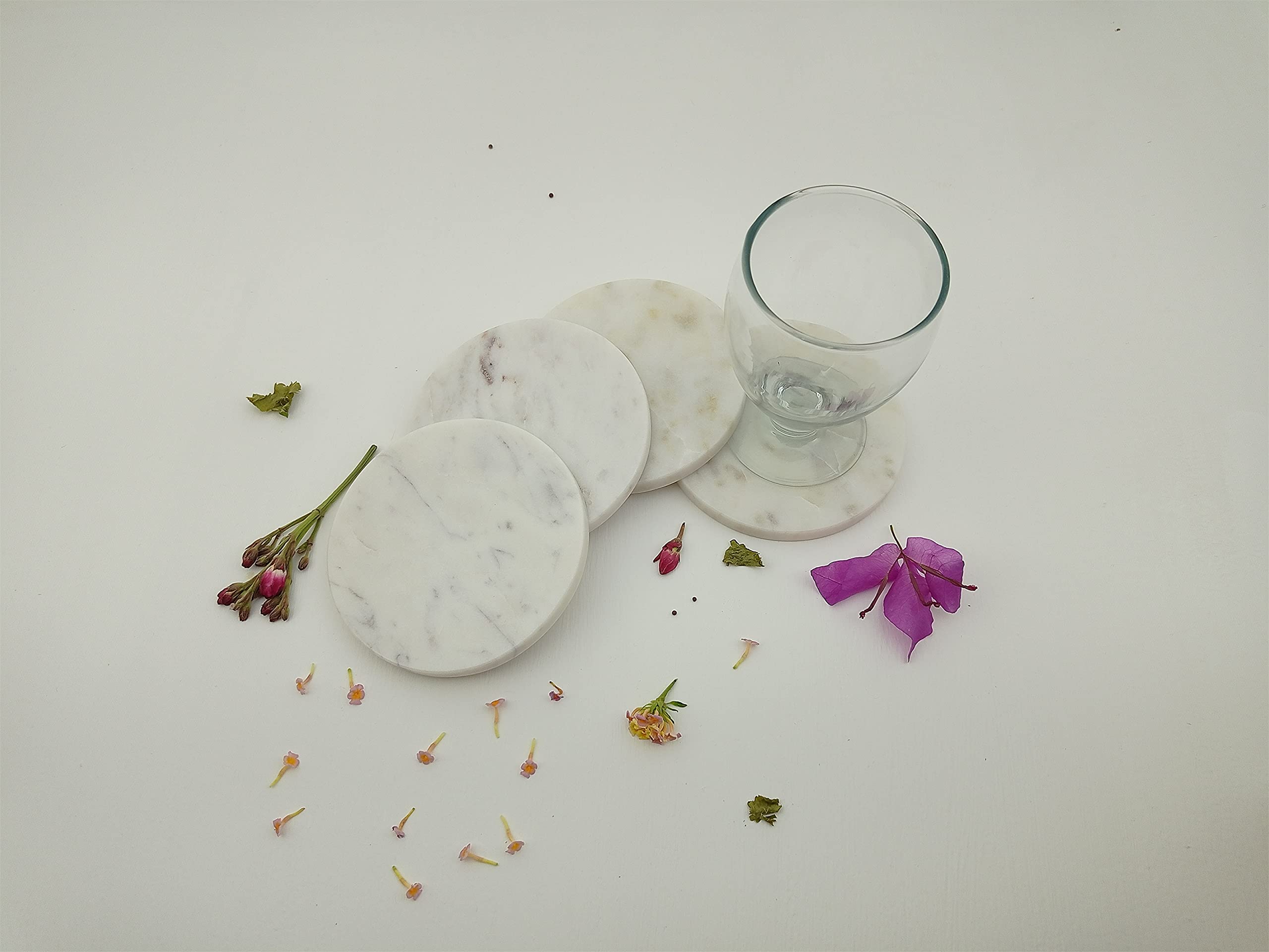 Handmade White Marble Round Coasters Set of 4 - Classic Elegant Drink Protectors for Bar, Kitchen, Dining & Living Room - Protect Furniture from Scratches & Stains - Perfect for Hot & Cold Beverages, Dinner Parties & Home Decor