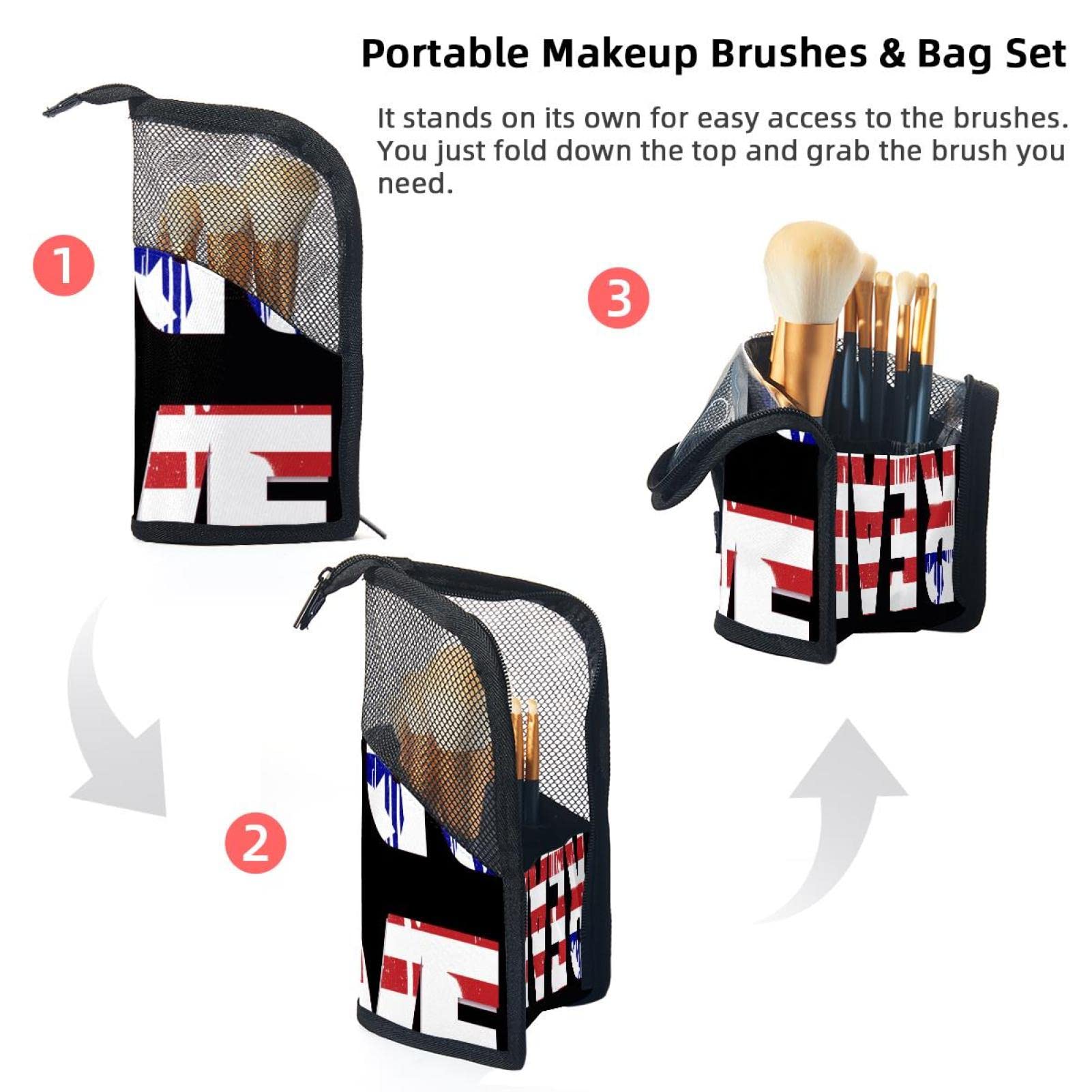 12-Piece Makeup Brush Organizer Bag with USA Flag Print - Portable Cosmetic Brush Holder Case for Travel, Home & Professional Use