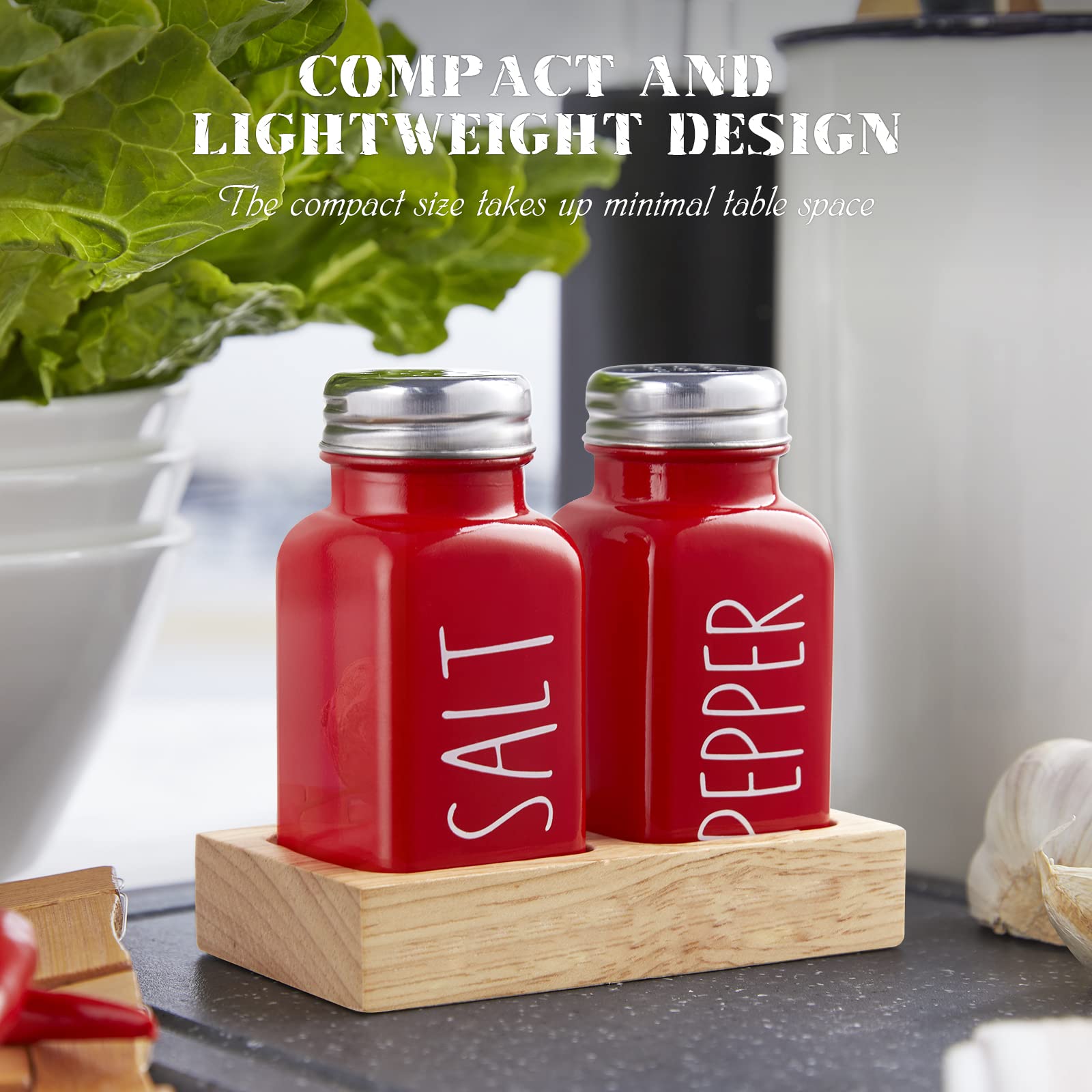Red Glass Salt and Pepper Shakers Set with Wooden Tray - 2.7 oz Dopeca Kitchen Countertop Spice Dispenser - Christmas Housewarming Gift & Modern Kitchen Decor - Perfect for Dining Tables, Restaurants, and Holiday Gifting
