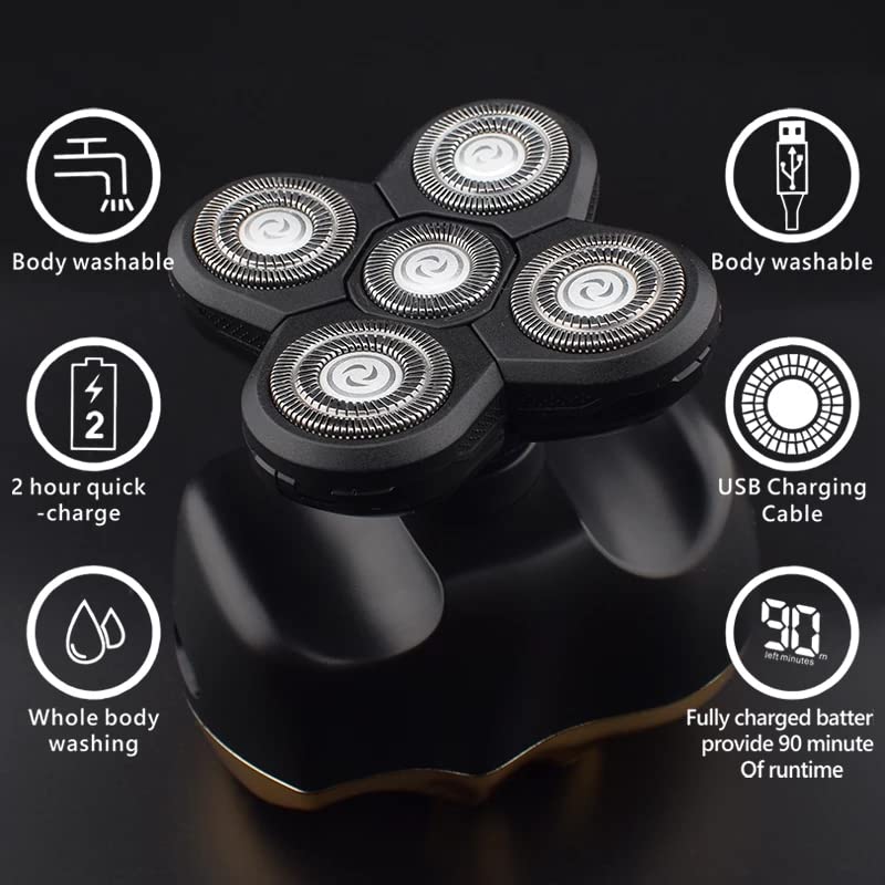 6-in-1 Electric Head Shaver for Bald Men - Rechargeable Skull Shaver with 5 Floating Heads, Gold Men's Trimmer for Smooth Shaving | Perfect for Travel, Gym & Daily Grooming Routine