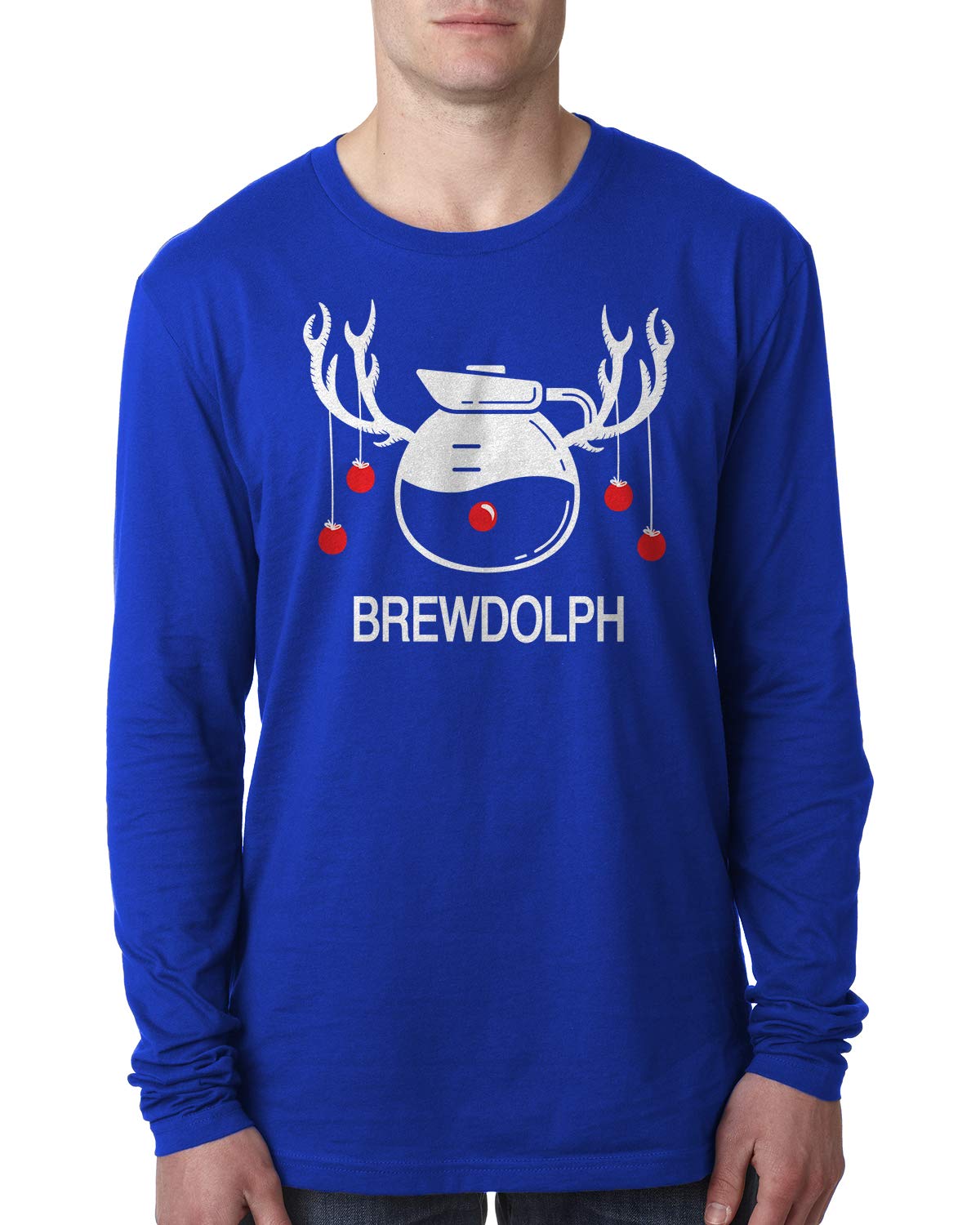 Retro Brewdolph Christmas Coffee Pot Men's Long Sleeve Graphic T-Shirt - Funny Holiday Gift for Coffee Lovers, Office Party & Ugly Sweater Contest