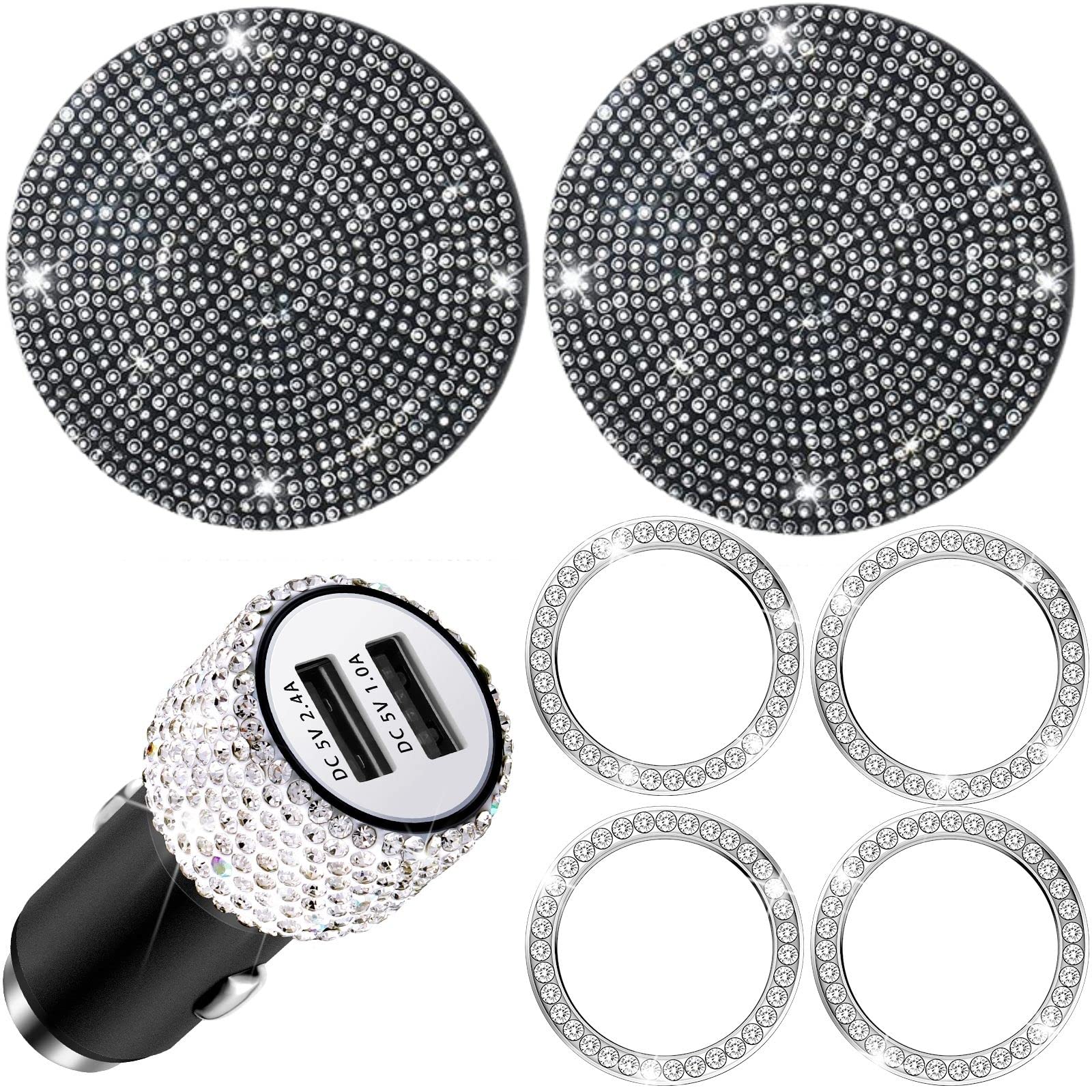 Bling Car Accessories Kit - Rhinestone USB Charger & Stickers for Men & Women | Car Interior Decor
