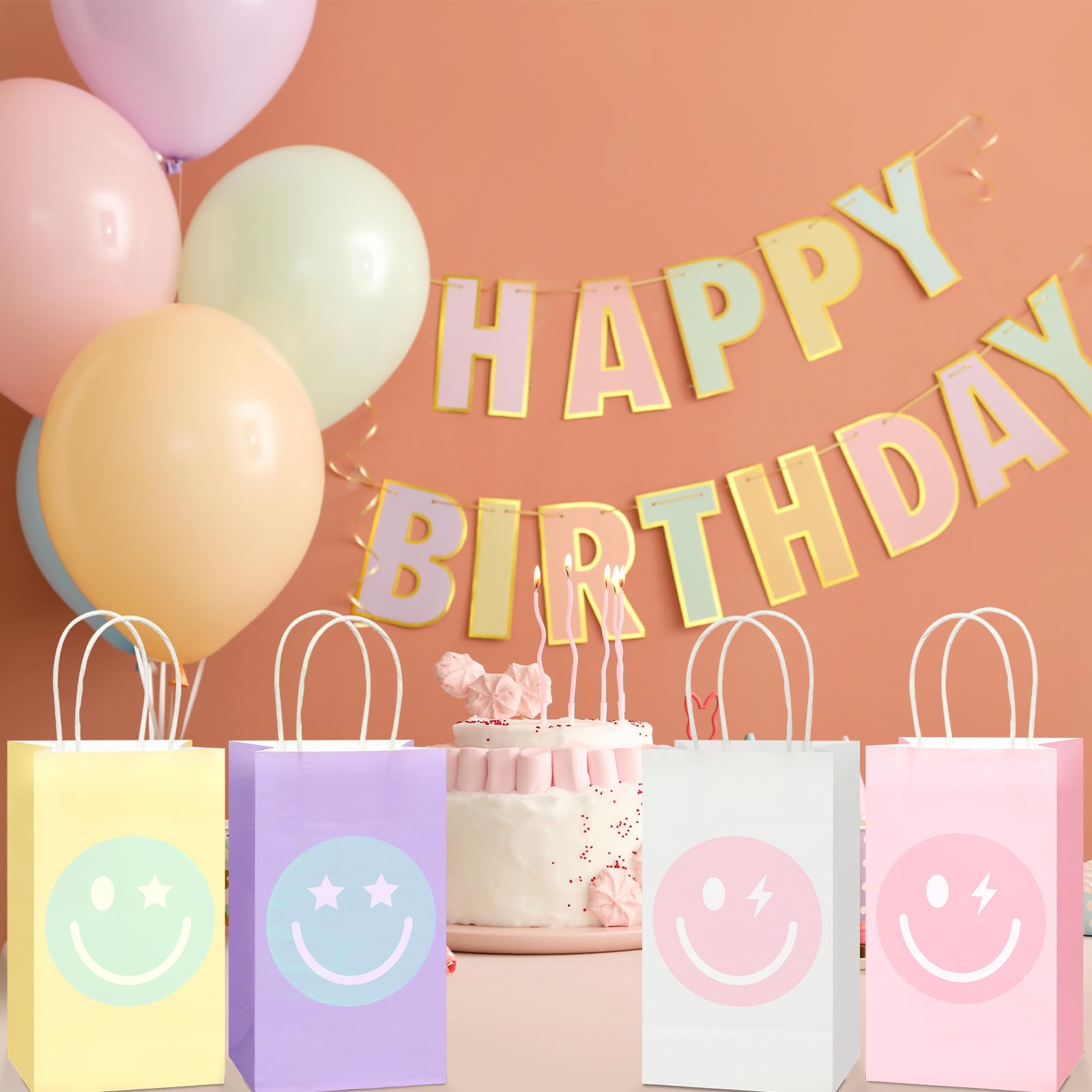 16PCS Smile Face Gift Paper Bags - Pastel Rainbow Kraft Party Favor Bags for Candy, Goodies & Decor | Perfect for Bachelorette Parties, Birthday Celebrations, Baby Showers & Preppy Themed Events