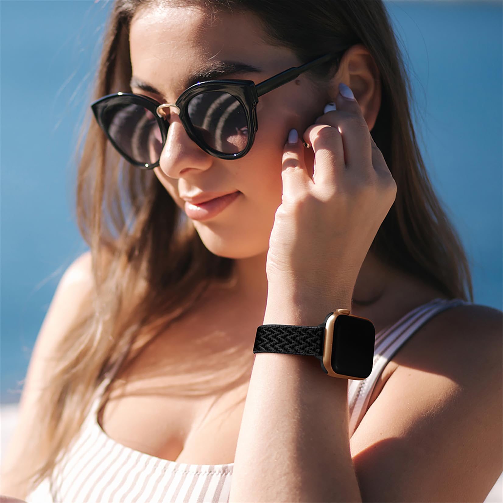 SICCIDEN Slim Stretchy Nylon Watch Band Compatible with Apple Watch Series 10/9/8/7/6/5/4/3/2/1 & Ultra 2/1 - 42mm/44mm/45mm/46mm/49mm - Women's Elastic Thin Strap (Dark Black/Rose Gold) | Perfect for Workouts, Running & Everyday Wear
