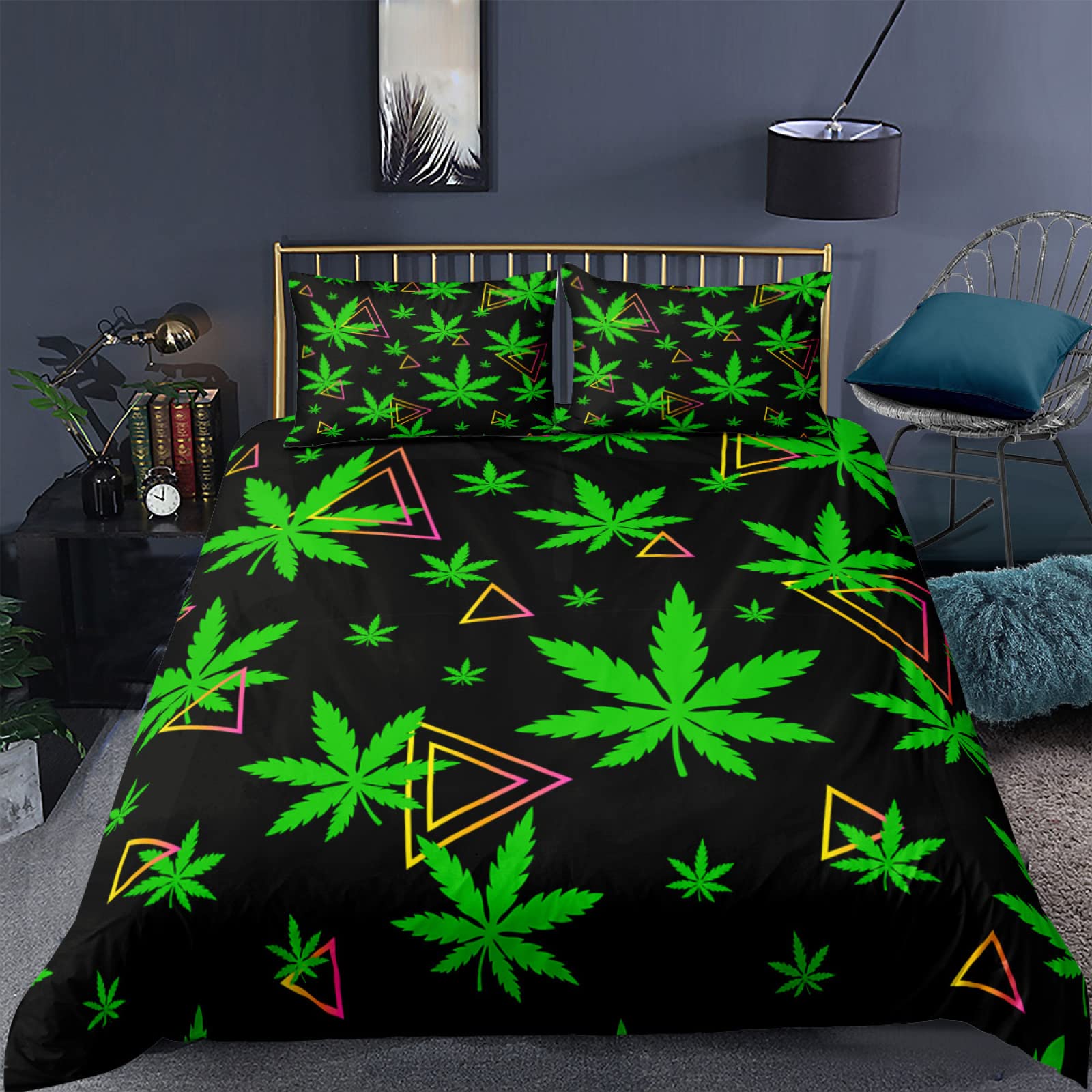 3D Printed Marijuana Leaf Duvet Cover Set - Twin Size Green Botanical Bedding with 2 Pillowcases for Teens & Adults | Perfect for Boho Decor, College Dorms & Cannabis-Themed Bedrooms