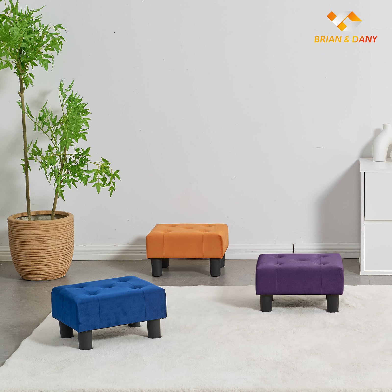 BRIAN & DANY Velvet Foot Stool with Sturdy Legs - Small Ottoman for Living Room, Bedroom & Office - Soft Purple Accent Stool for Extra Seating or Footrest