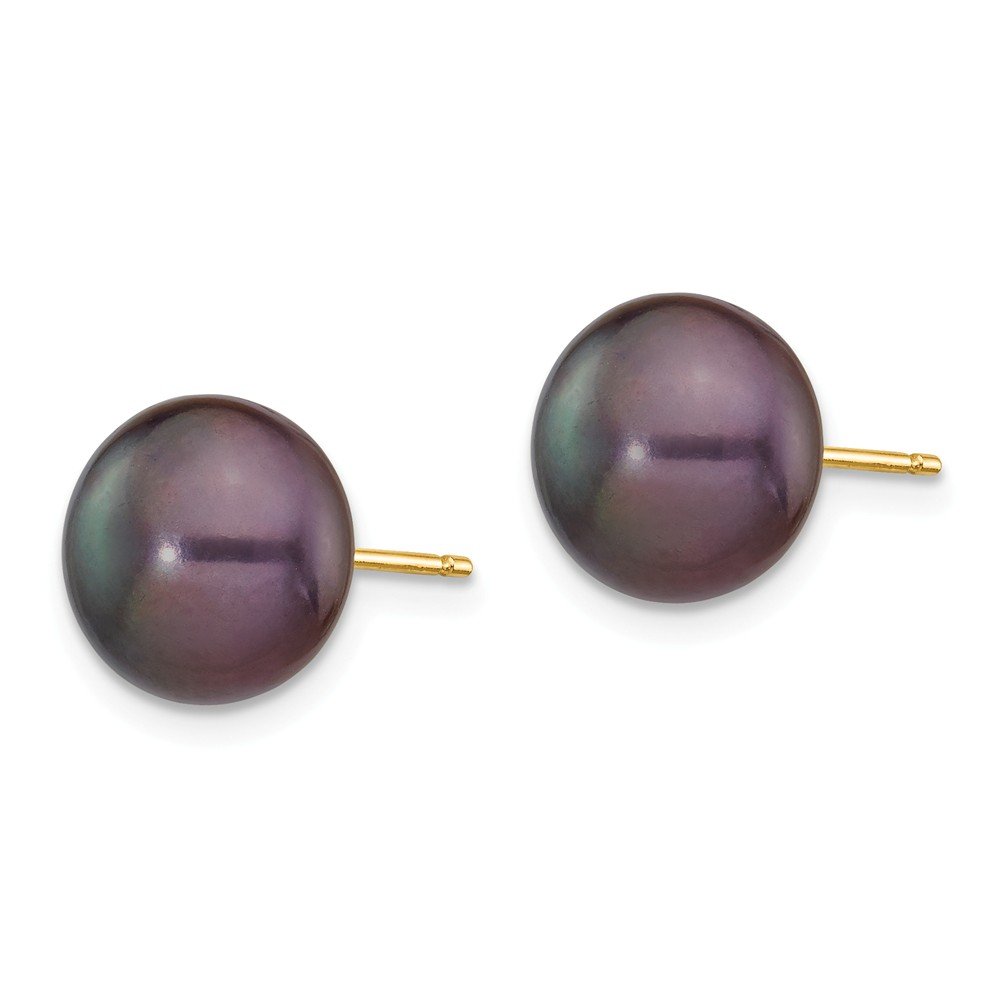14K Solid Yellow Gold Black Button Freshwater Pearl Stud Earrings 9-10mm - Classic Elegant Jewelry for Women, Perfect for Weddings, Parties & Daily Wear