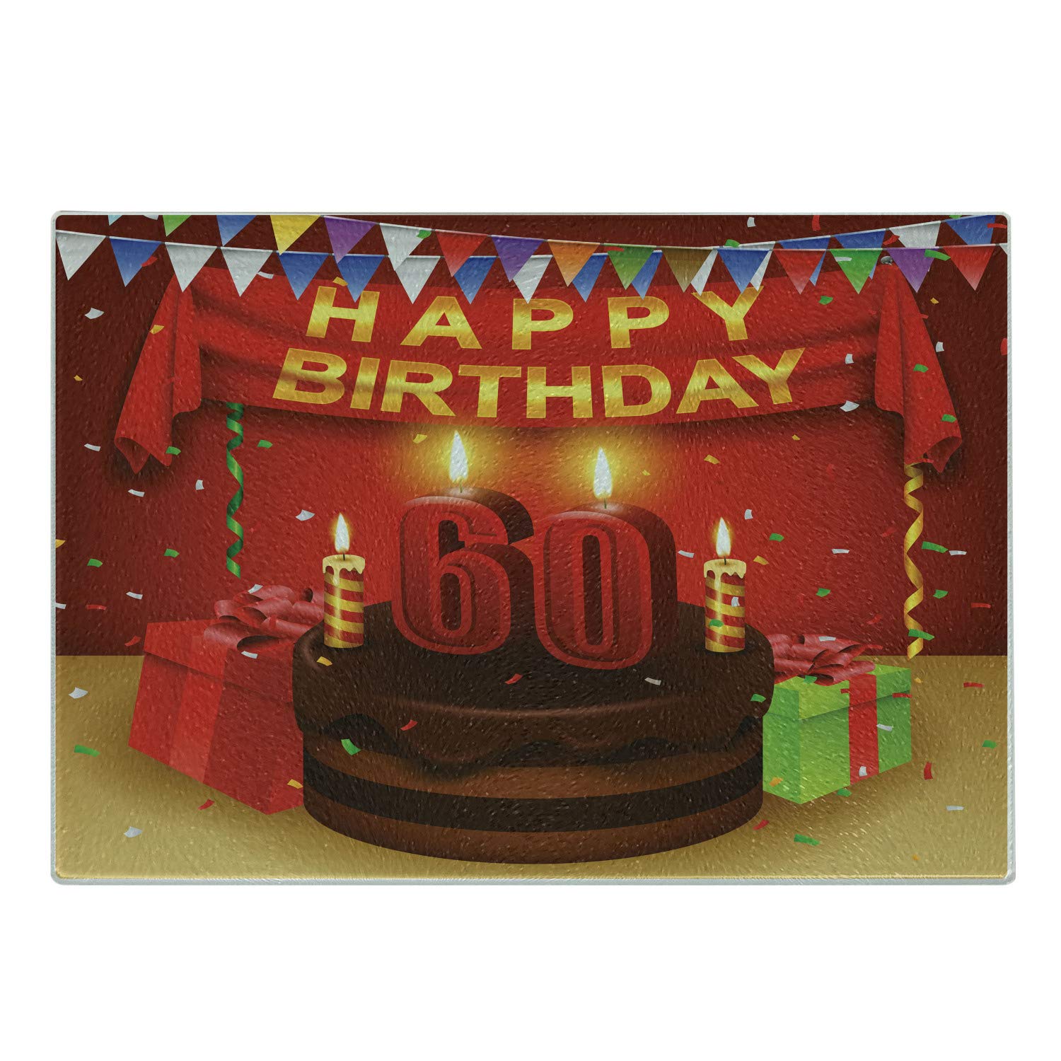 Ambesonne 60th Birthday Cutting Board - Colorful Party Theme Tempered Glass Serving Board with Cake & Curtain Print - Perfect for Birthday Parties, Kitchen Decor & Gift Giving - Small Size Multicolor Decorative Board