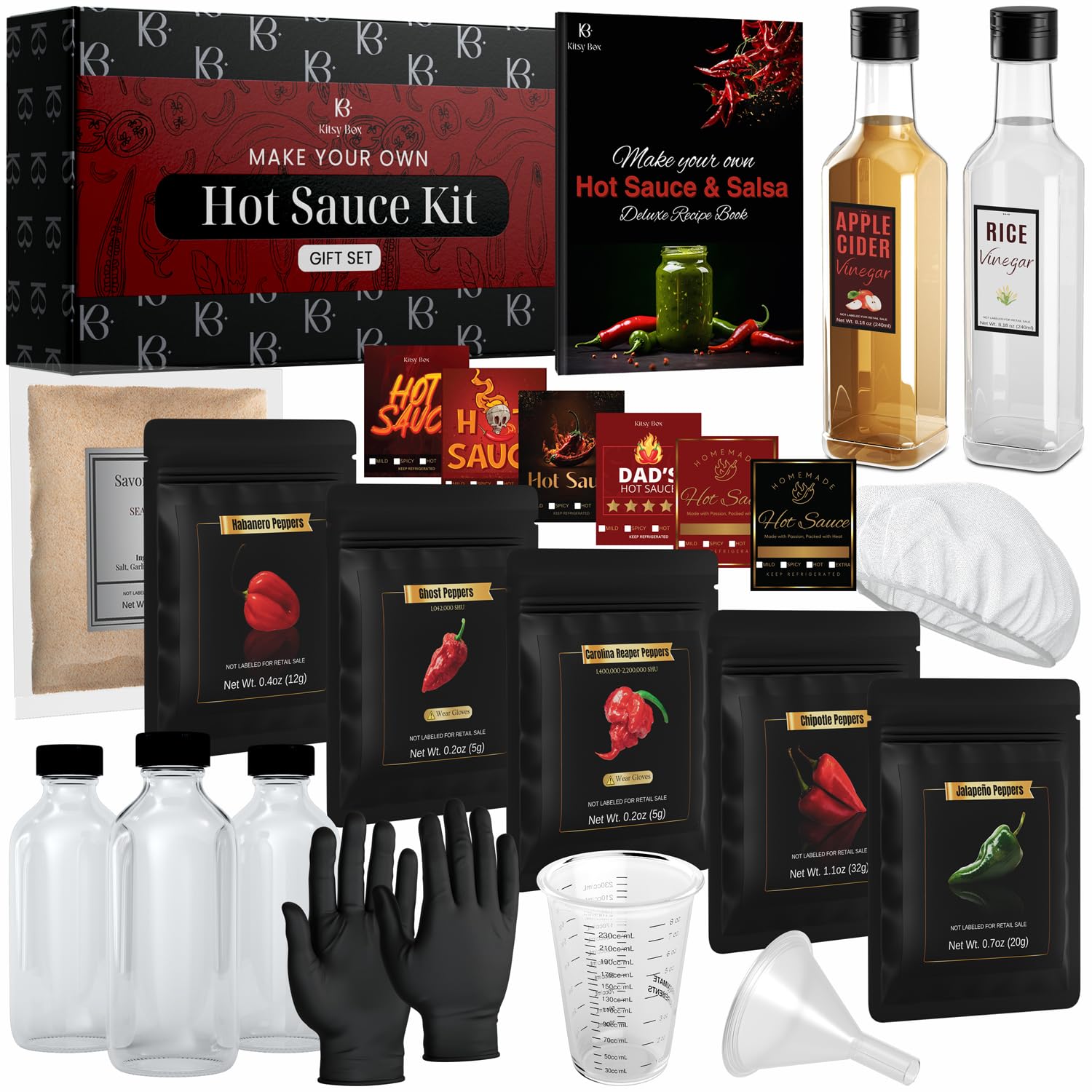 DIY Hot Sauce Making Kit - Premium Gourmet Set with 5 Peppers (Carolina Reaper, Ghost, Habanero, Chipotle, Jalapeno) | Includes Ingredients & Recipe Book | Perfect Gift for Hot Sauce Lovers | Home Cooking & Spicy Food Enthusiasts