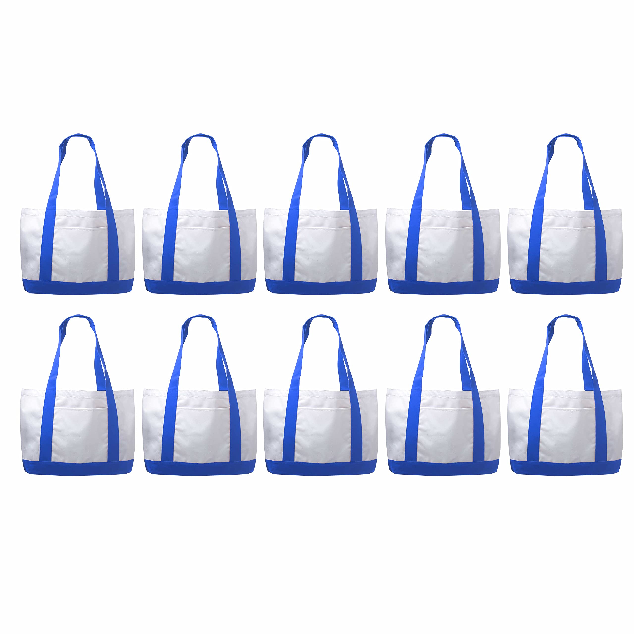 10 Pack Canvas Shoulder Tote Bags - Durable Polyester with Reinforced Straps & Front Pocket - Fashionable Blue Handbags for Women - Perfect for Shopping, Beach, Work & Daily Use