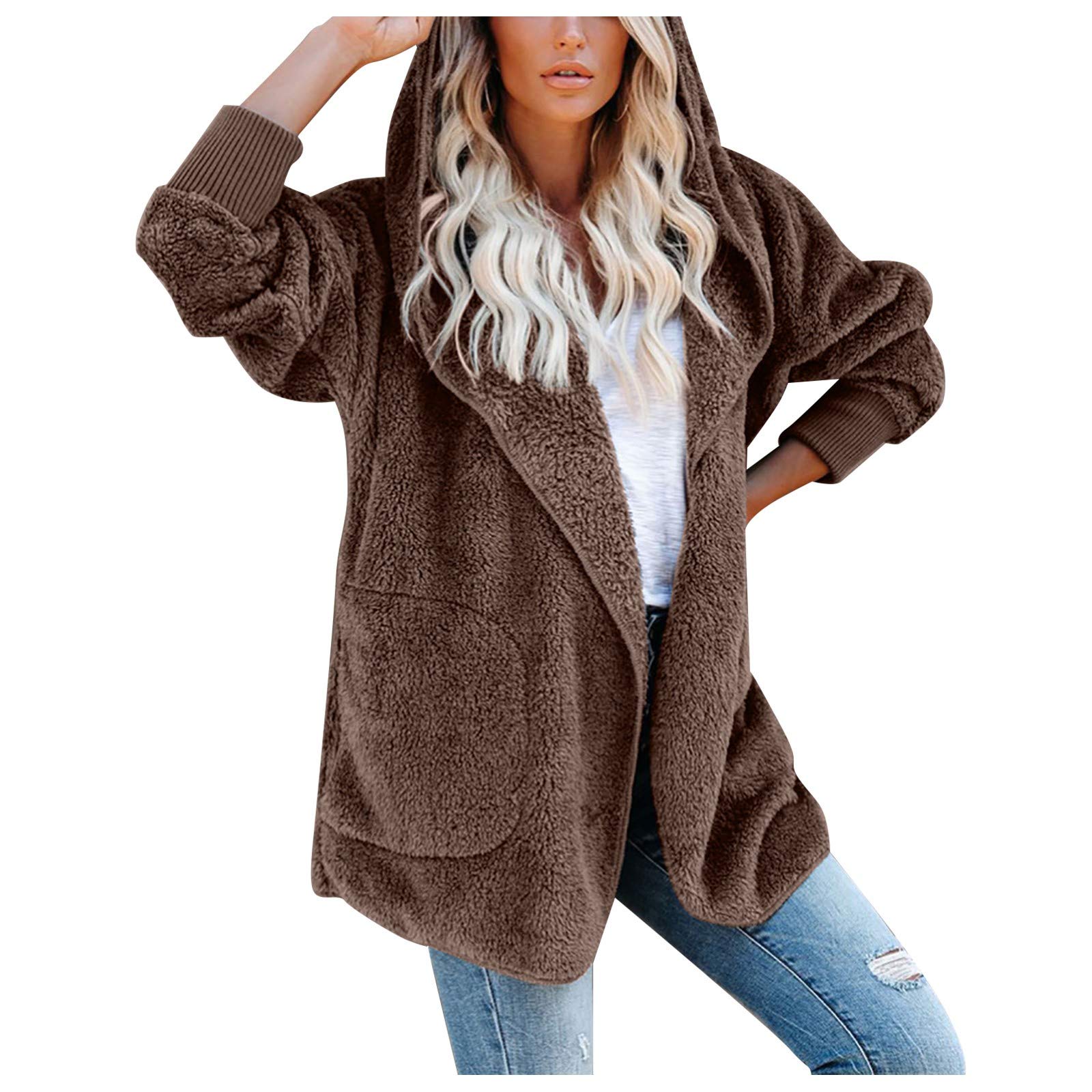 Women's Loose Long Sleeve Hooded Plush Cardigan Coat - Solid Color Open Front Warm Fleece Jacket for Casual Outfits, Lounge Wear & Winter Layering