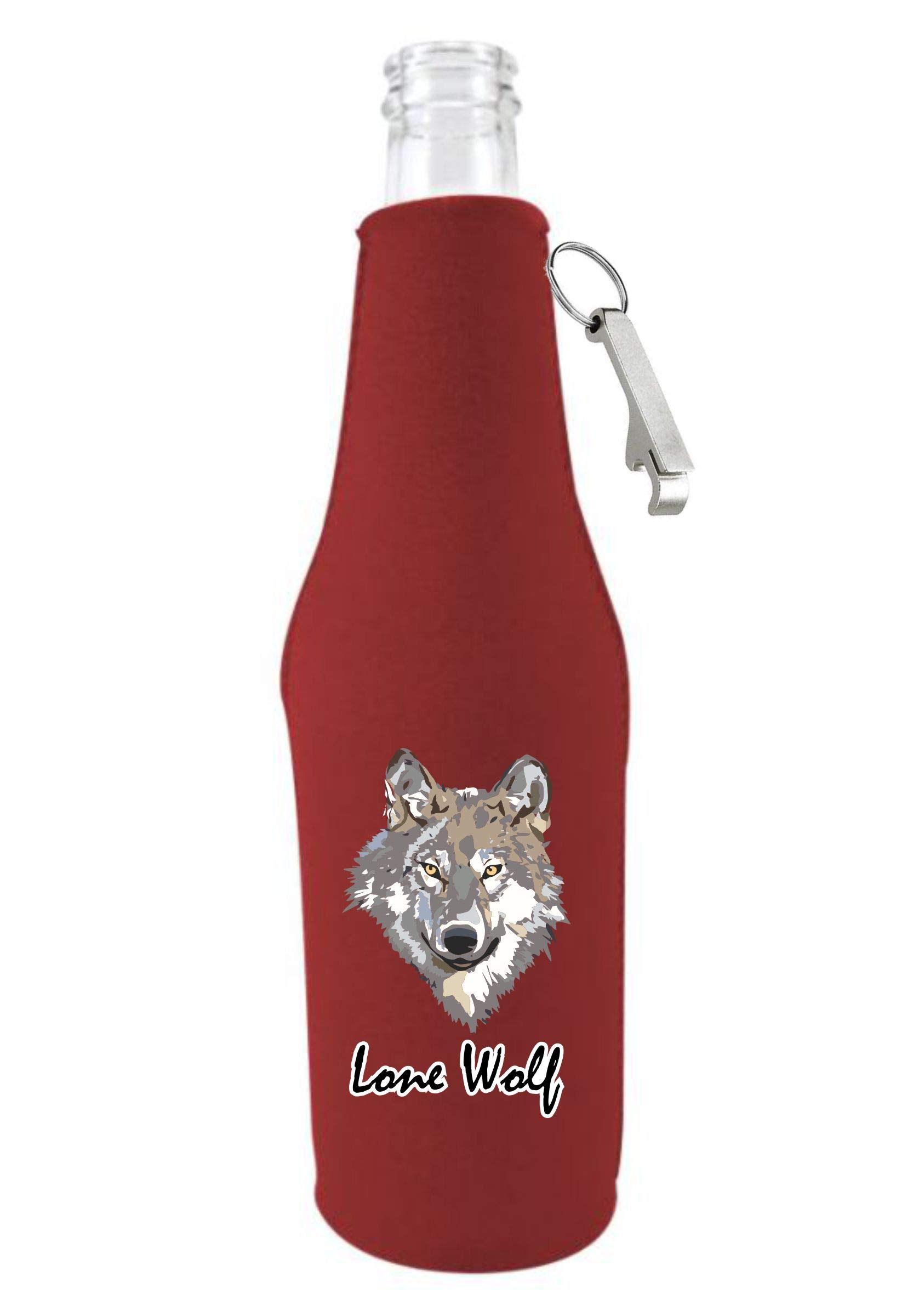 Lone Wolf Beer Bottle Cooler with Built-in Opener - Insulated Sleeve for Chilled Drinks (Burgundy, 1 Pack) - Perfect for Parties, BBQs, and Outdoor Adventures