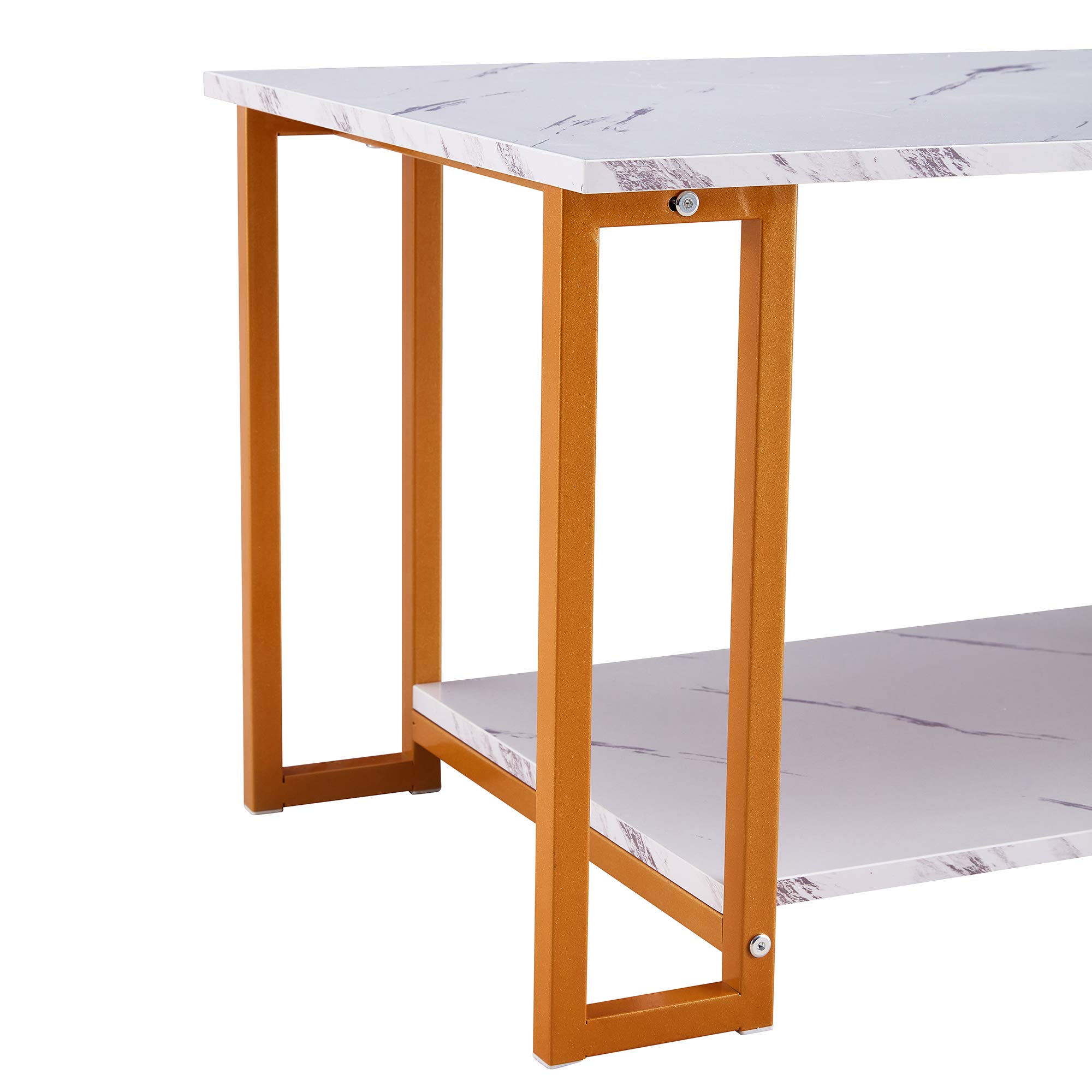 White Marble Print Modern Coffee Table with Shelf - Mid Century Rectangle End Table with Golden Metal Frame - 39 Inch Living Room Furniture for Small Spaces, Apartments & Home Decor