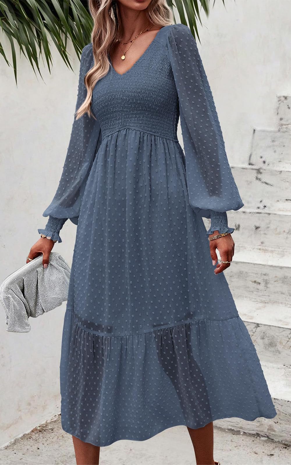 PRETTYGARDEN Women's Floral Swiss Dot Chiffon Dress - Long Sleeve V-Neck Empire Waist Ruffled Midi Dress for Spring 2025 | Perfect for Weddings, Garden Parties & Romantic Date Nights