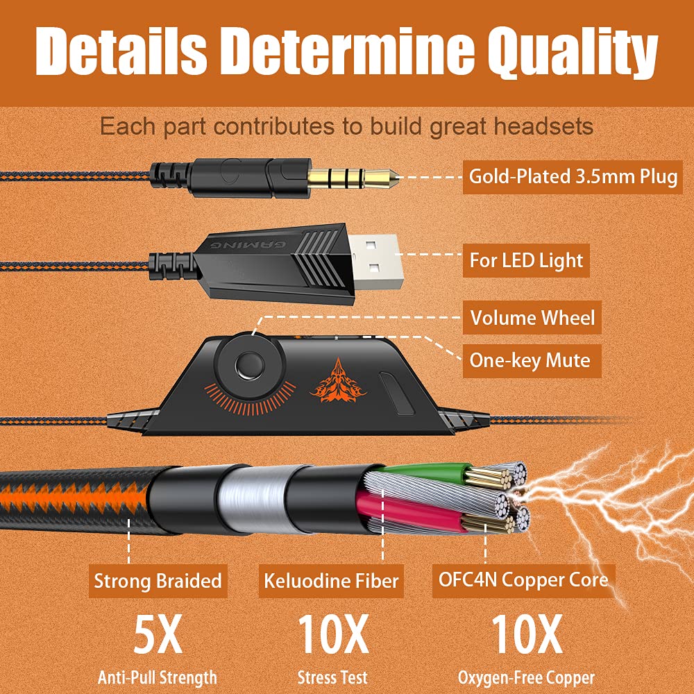 BENGOO G9000 Stereo Gaming Headset with Mic - Noise Cancelling Over-Ear Headphones for PS4, PC, Xbox One | LED Light, Bass Surround, Soft Memory Earmuffs (Orange) - Perfect for Gaming, Streaming & Online Meetings