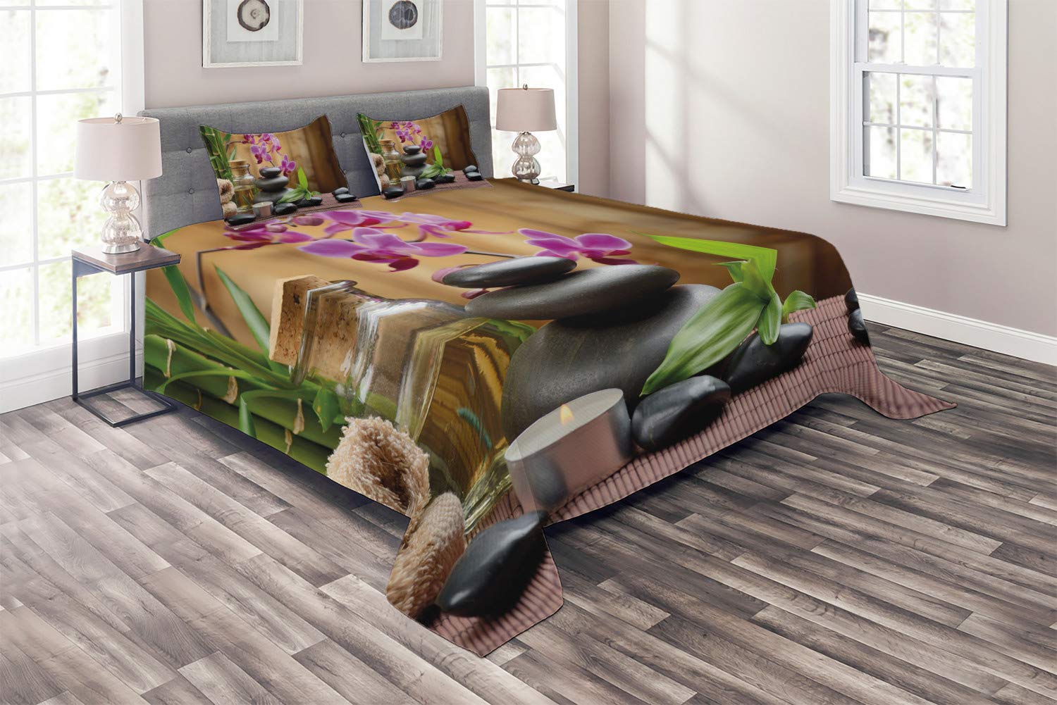 Ambesonne Spa Coverlet Set - King Size 3-Piece Quilted Bedspread with 2 Pillow Shams, Warm Welcoming Spa Design with Healing Stones, Candles & Floral Print in Purple, Black & Green - Perfect for Spa Rooms, Guest Bedrooms & Relaxation Retreats