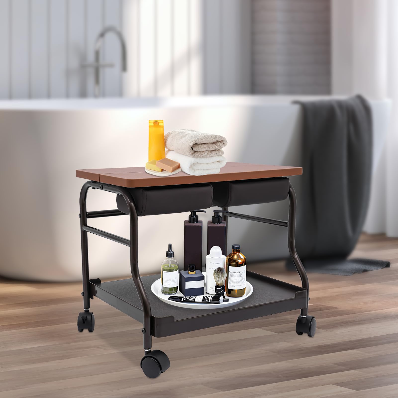 Portable Pedicure Foot Rest Cart - Adjustable Beauty Salon Nail & Foot Spa Trolley for Manicure, Pedicure, Massage | Salon Furniture & Supplies | Coffee Color | Perfect for Home Spa, Nail Salons & Mobile Beauty Services