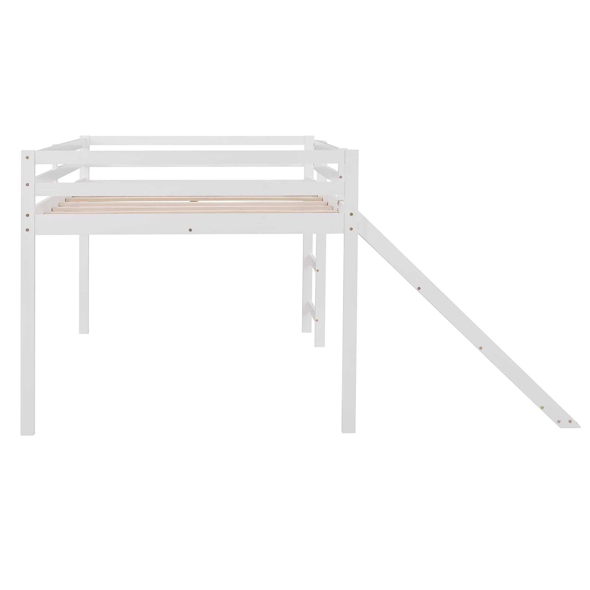 P PURLOVE Full Size Wooden Loft Bed with Slide - Sturdy Twin Loft Bed Frame for Kids & Teens, No Box Spring Required (White) | Space-Saving Bedroom Furniture for Small Rooms, Dorm & Playroom