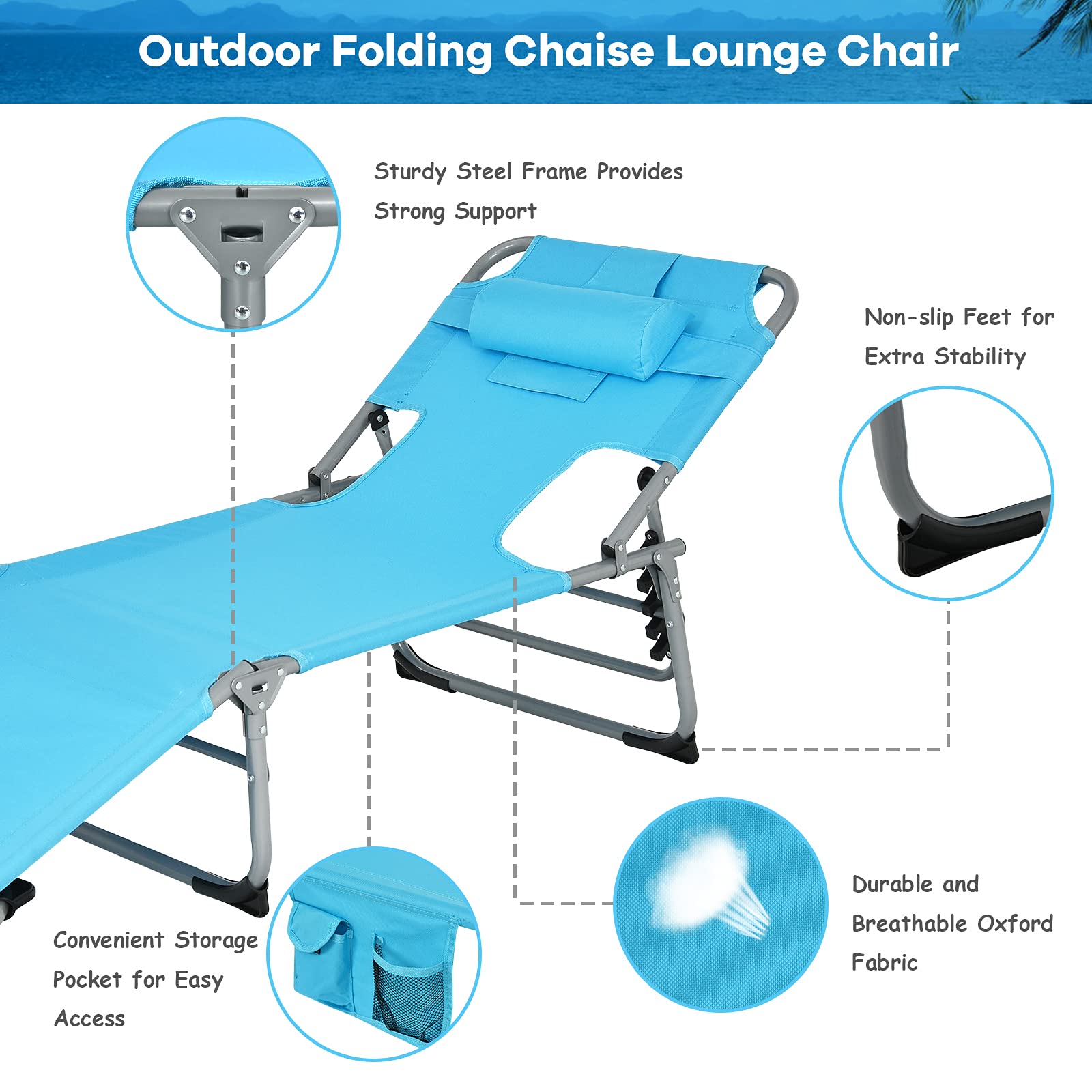 GYMAX Folding Tanning Chair with Adjustable Backrest - Portable Beach Lounger with Face Hole, Arm Holes, Side Pocket & Carry Handle - Outdoor Sunbathing Chair for Patio, Pool, Beach & Backyard Relaxation (Turquoise)