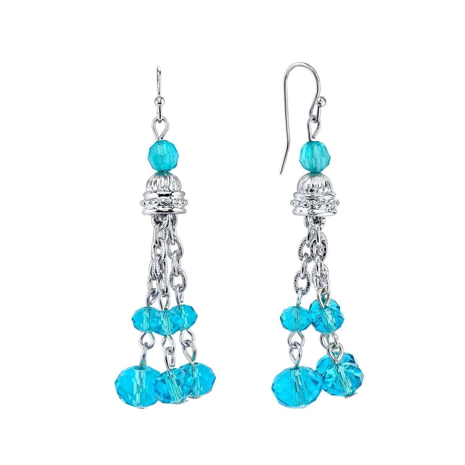 1928 Jewelry Cyprus Aqua Blue Glass Crystal Tassel Drop Earrings - Elegant Dangling Statement Earrings for Women | Perfect for Weddings, Parties & Special Occasions
