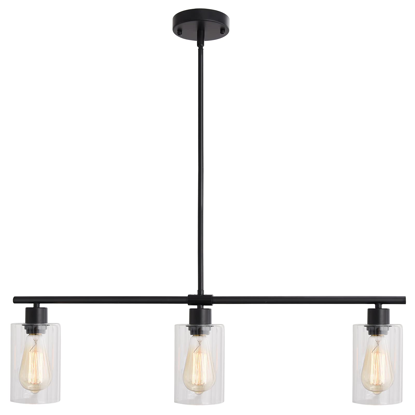 Modern Farmhouse 3-Light Chandelier Pendant Light Fixture with Glass Shades - Rustic Industrial Hanging Lamp for Living Room, Dining Room, Kitchen, Hallway, Bedroom & Foyer - Black | Perfect for Dining Table Lighting, Kitchen Island Illumination & Entryway Decor