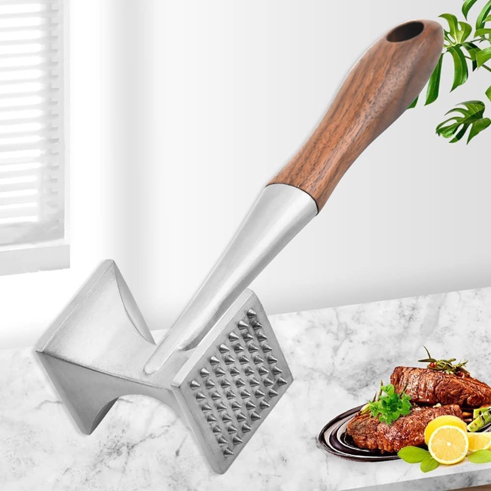Premium Meat Tenderizer & Steak Hammer - Heavy Duty 2-in-1 Meat Mallet with Ergonomic Wooden Handle & Food-Grade Zinc Alloy Head - Perfect for Tenderizing Beef, Chicken, Pork for Grilling, BBQ & Home Cooking