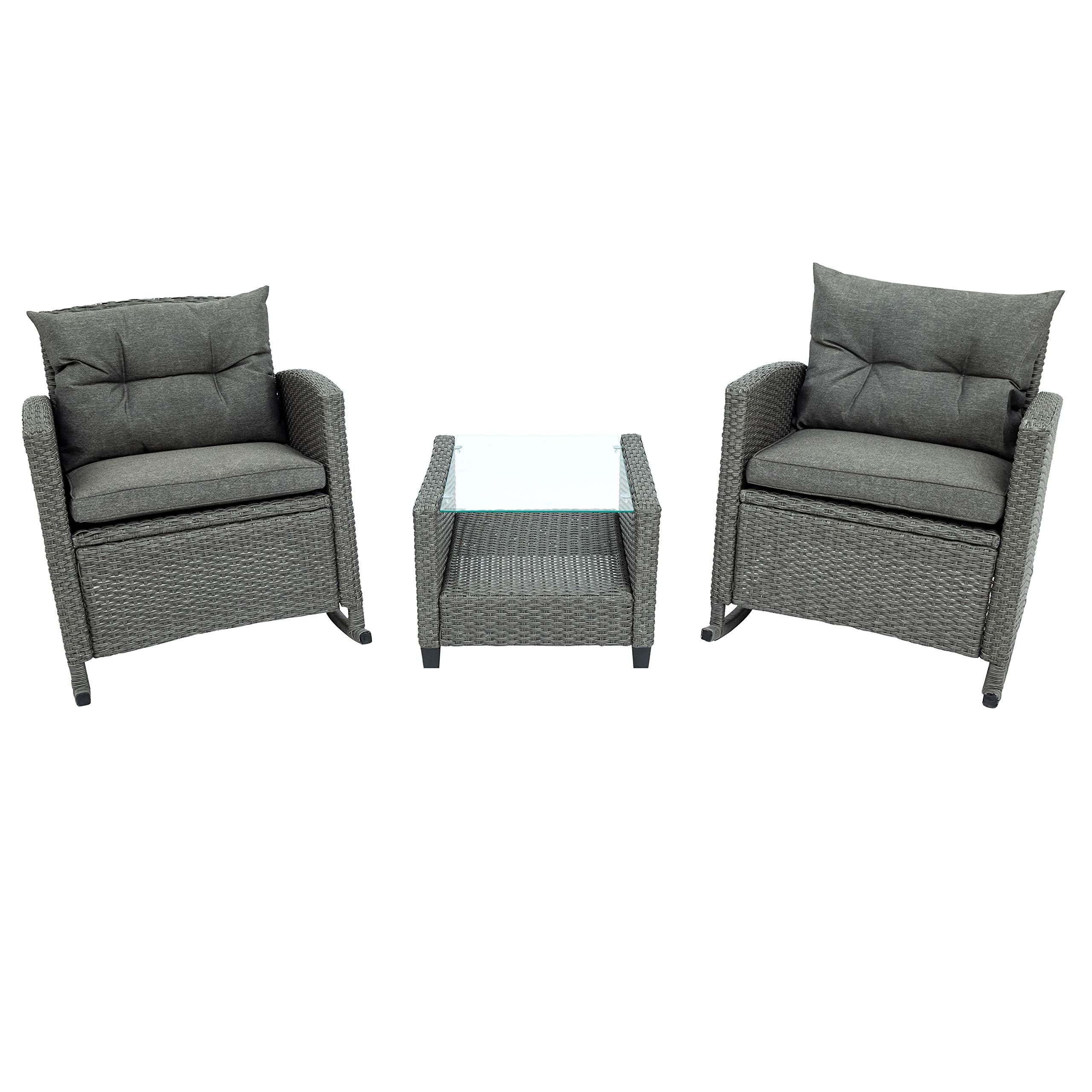 3-Piece Outdoor Rocking Patio Furniture Set - PE Wicker Rattan Sofa with Cushions & Glass-Top Coffee Table - Weather-Resistant Gray Garden Backyard Set for Relaxing, Entertaining & Lounging