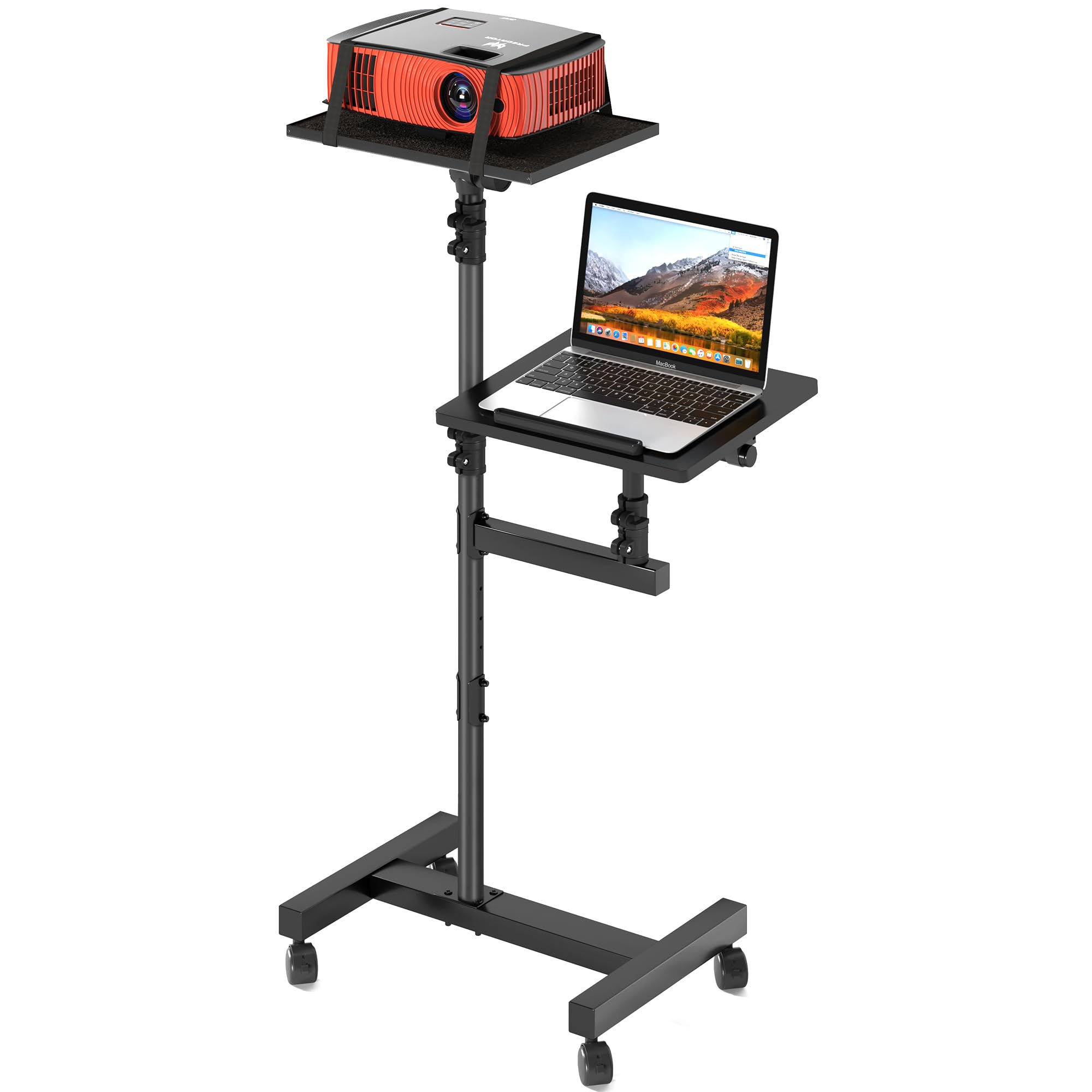 Adjustable Height Projector Stand Tripod with 2 Shelves - Mobile Rolling Desk Cart on Wheels (45