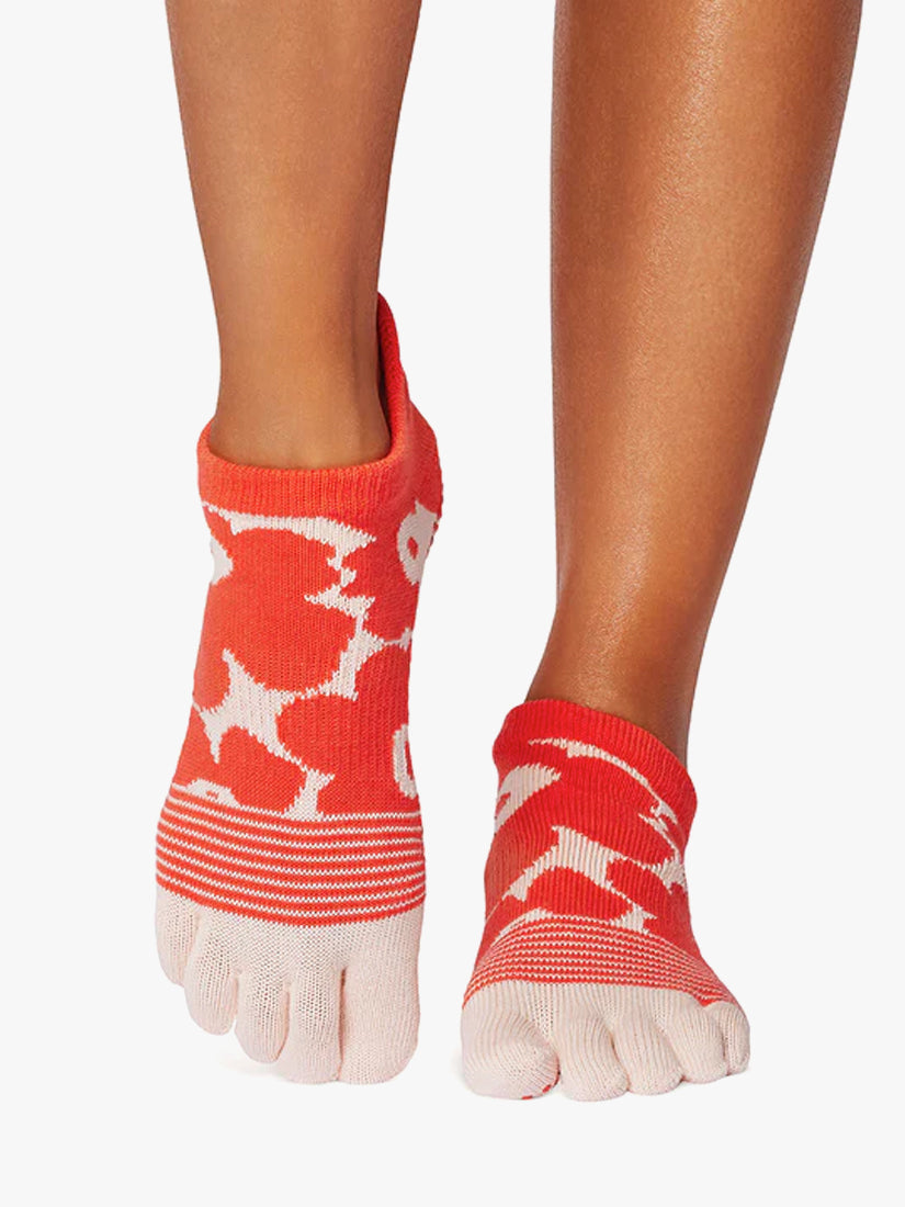 ToeSox Low Rise Grip Socks for Yoga, Pilates & Barre - Non-Slip Full Toe Design in Hot Coral Floral Print - Perfect for Dance, Workouts & Studio Fitness