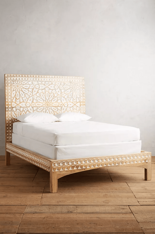 Hand Carved Albaran Bed Frame - Solid Wood Platform Bed with Upholstered Headboard | Modern Bedroom Furniture for Master Bedroom, Guest Room & Apartment