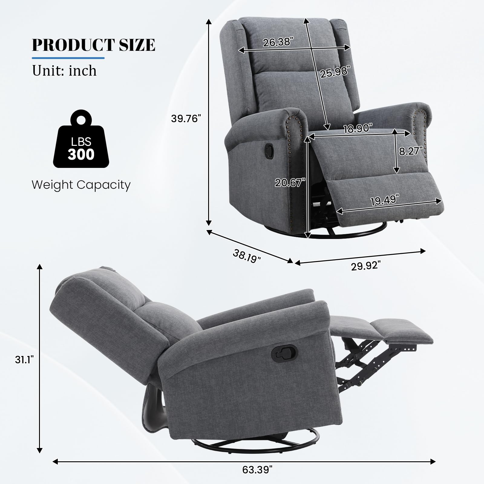 Antetek Swivel Rocking Recliner Chair - Velvet Nursery Glider with Adjustable Footrest & High Back Support, Manual Wingback Upholstered Rocking Chair for Living Room, Nursery, Bedroom - Perfect for Nursing, Reading & Relaxing (Grey)