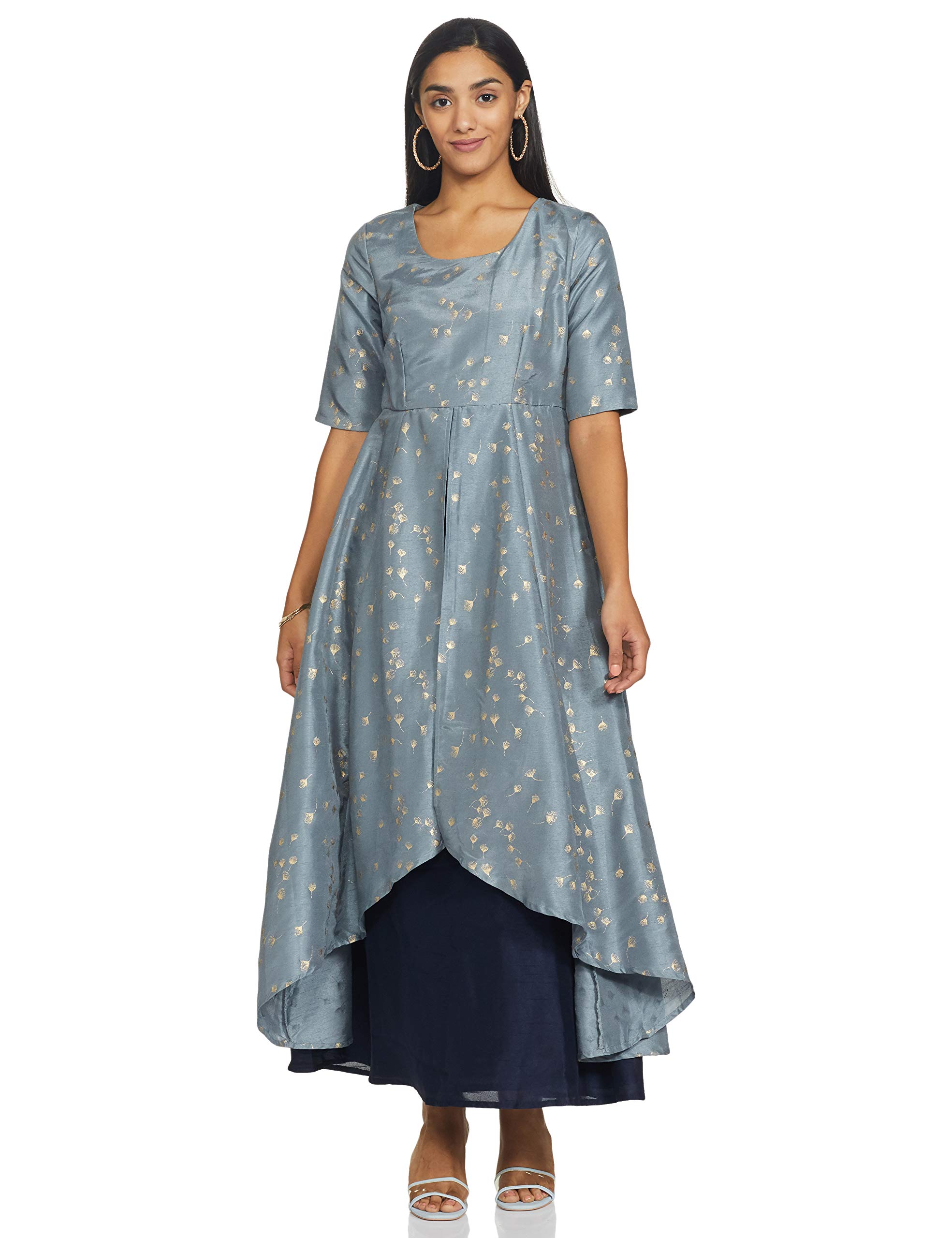 Indya Women's Grey Kurta with Foil Print & Layered High-Low Hem - Stylish Ethnic Tunic for Festivals, Parties & Casual Wear