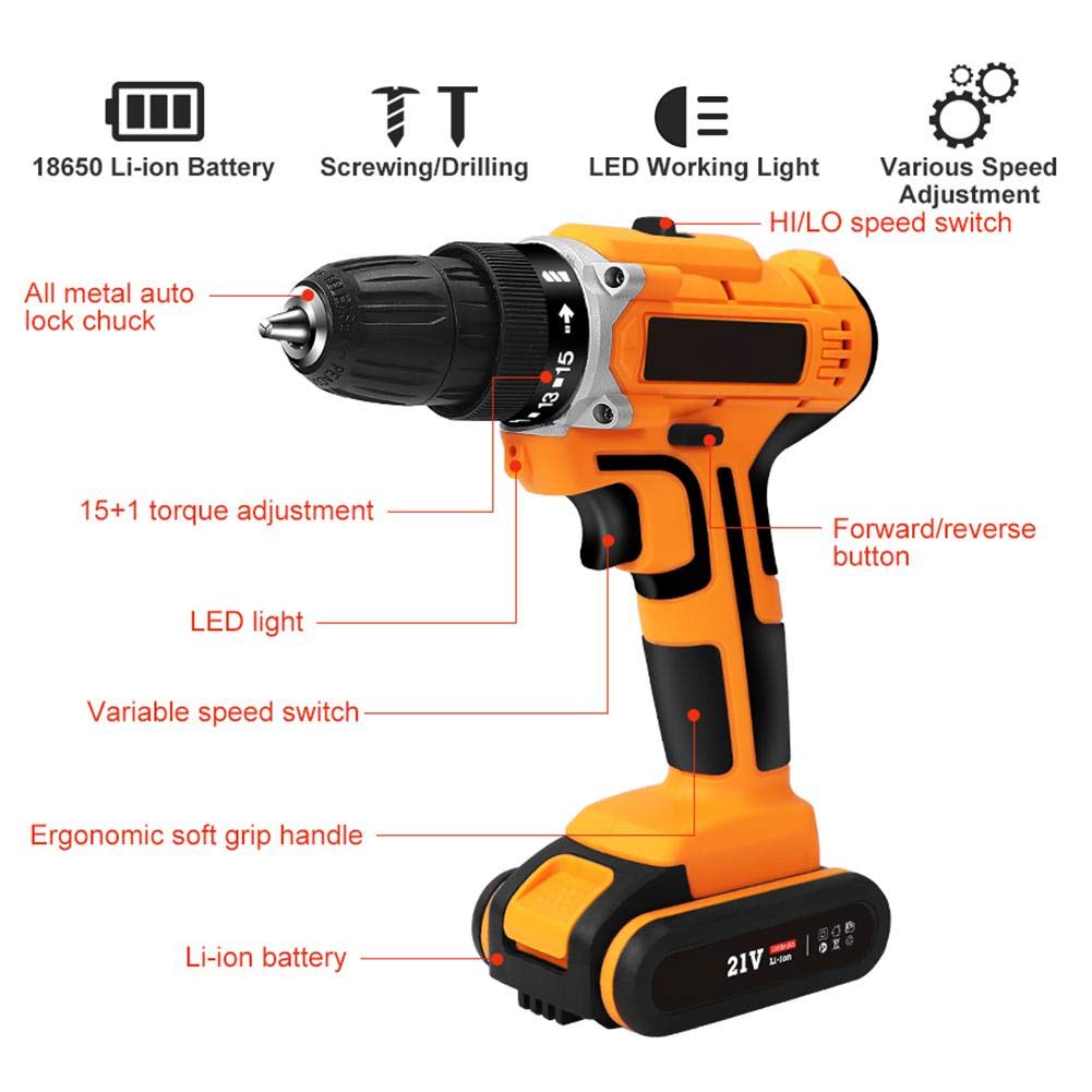 21V 340W Cordless Electric Drill with 2 Batteries - Waterproof, Rechargeable Screwdriver Kit for Home DIY, Woodworking & Construction Projects