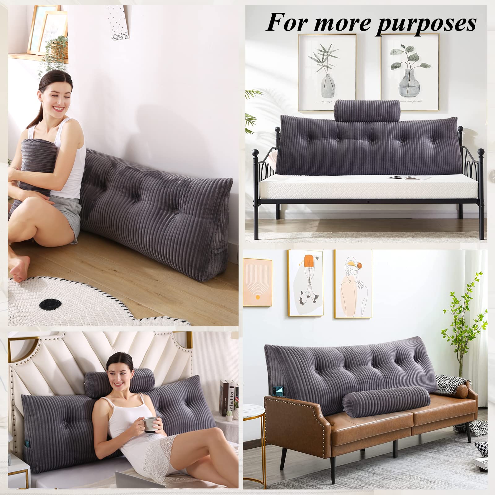 Wedge Headboard Pillows & Bolster Pillow Set - Queen Size 59x8x20 Inches - Bed Wedge Pillow for Headboard Support, Reading in Bed, Backrest & Sitting Comfort - Perfect for Relaxing, Watching TV & Post-Surgery Recovery