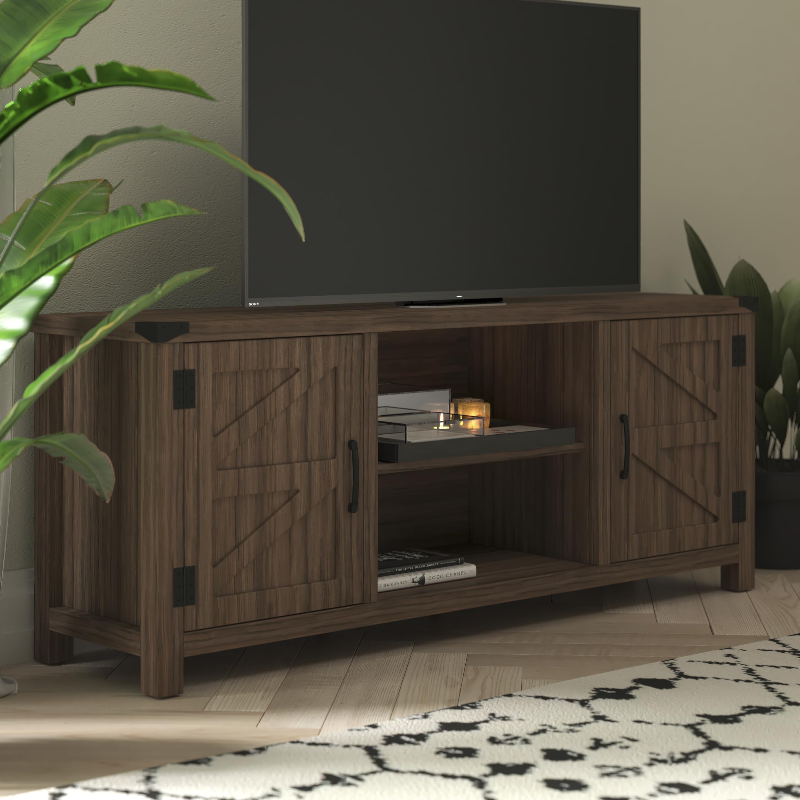 Modern Farmhouse Barn Door TV Stand - 59 Inch Gray Wash Entertainment Center for TVs up to 65 Inches - Adjustable Middle Shelf - Perfect for Living Room, Bedroom & Home Theater Setup