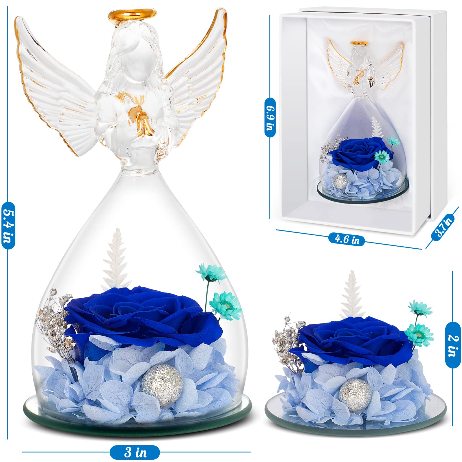 Preserved Rose Gifts in Glass Angel Figurines - Mother's Day, Birthday & Anniversary Gifts for Mom, Wife & Grandma | Long-Lasting Blue Real Roses | Perfect for Home Decor, Wedding Centerpieces & Special Occasion Gifts