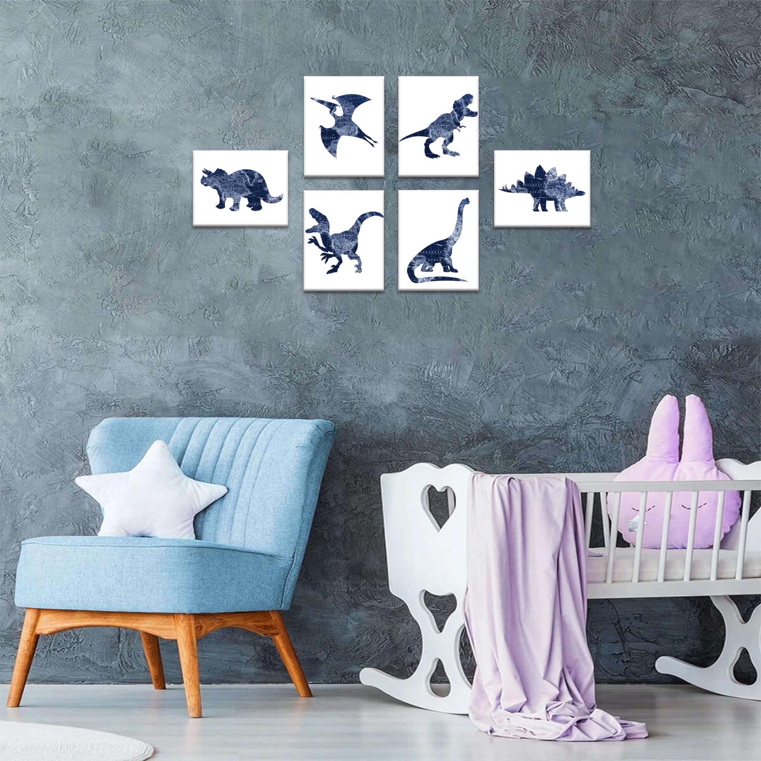 Navy Blue Dinosaur Wall Art Decor Set - 6 Pack 8x10 Inch Stretched Canvas Prints for Boys Room, Kids Bedroom & Nursery - Jurassic Themed Dinosaur Wall Decals & Room Decorations | Perfect for Dinosaur Lovers, Birthday Gifts & Themed Bedroom Design