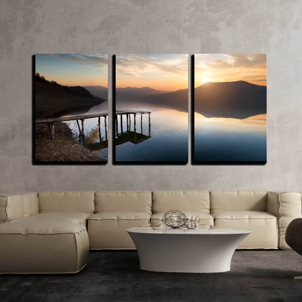 Wall26 - 3 Piece Canvas Wall Art Set - Fishing Jetty on Mountain River at Sunset - Modern Stretched Framed Ready to Hang Home Decor - 16