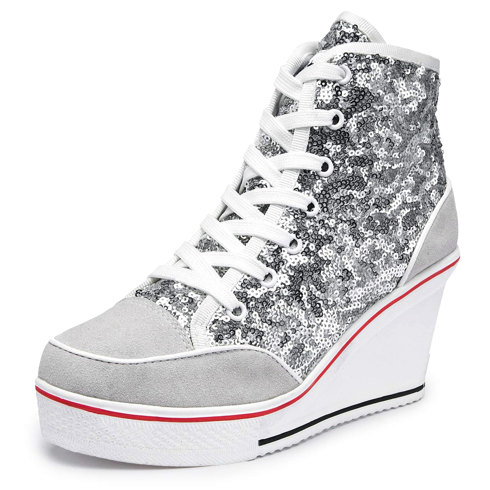 Sparkly Sequin High Top Lace Up Sneakers for Women - Glitter Platform Wedge Wedding Dressy Tennis Shoes | Perfect for Parties, Prom, and Special Occasions