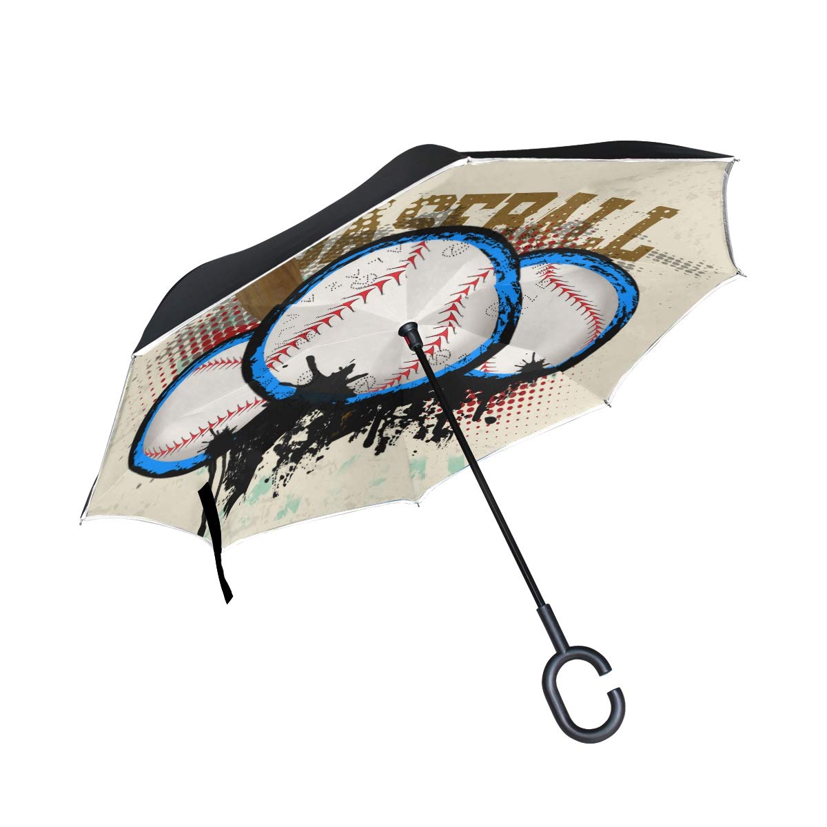 Vintage Grunge Double Layer Windproof UV Protection Reverse Umbrella with C-Shaped Handle - Upside Down Inverted Baseball Design Umbrella for Car, Rain, Outdoor Use - Perfect for Baseball Fans, Commuters, and Stormy Weather Protection