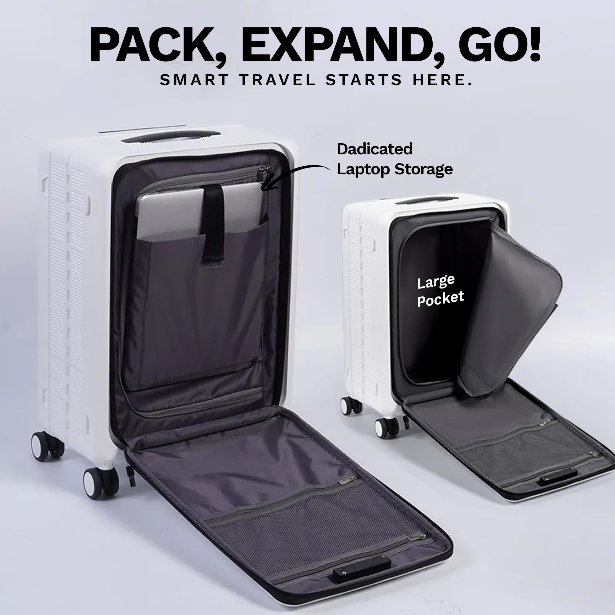 Black Expandable Hard Shell Carry-On Luggage with 360° Spinner Wheels & TSA Lock - 22x14x9 Inch Collapsible Lightweight Suitcase for Air Travel, Business Trips & Weekend Getaways