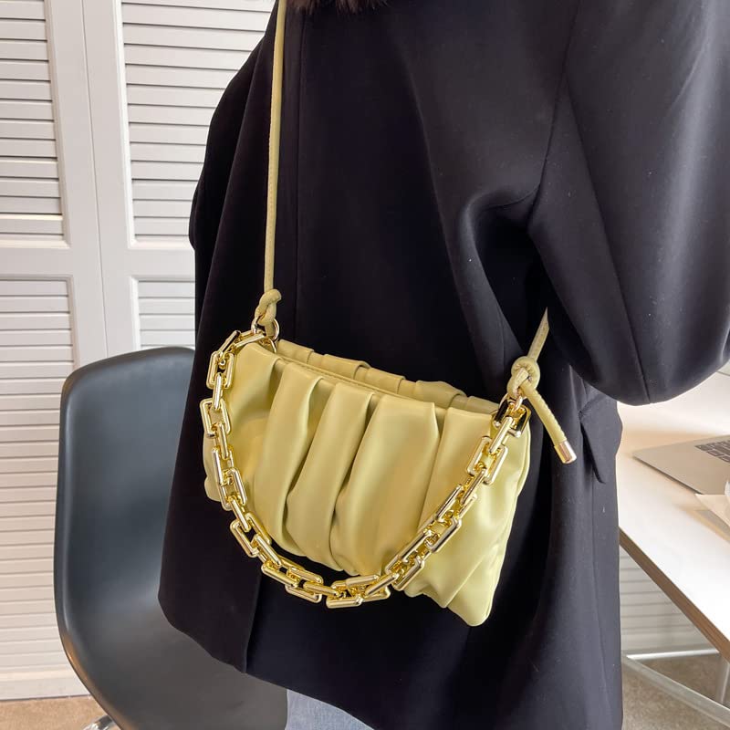 Stylish Crossbody Chain Handbag for Women - Small Square Pleated Underarm Purse (Yellow) | Perfect for Casual Outings, Shopping & Travel Accessories