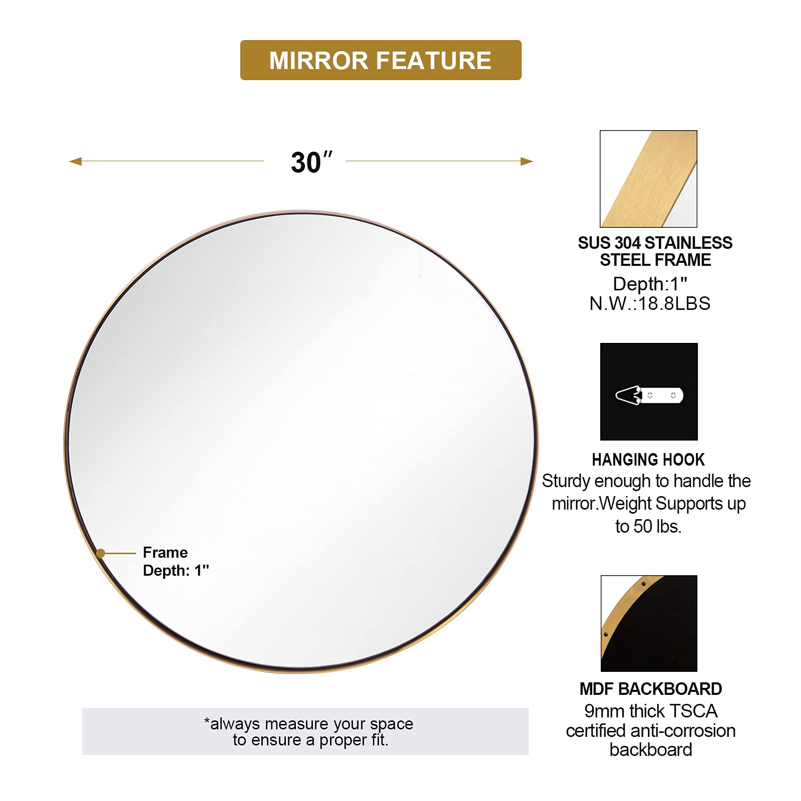 ANDY STAR 30'' Round Gold Wall Mirror - Brushed Brass Frame, Stainless Steel Metal, Modern Bathroom Living Room Bedroom Decor - Perfect for Vanity, Entryway, and Home Styling