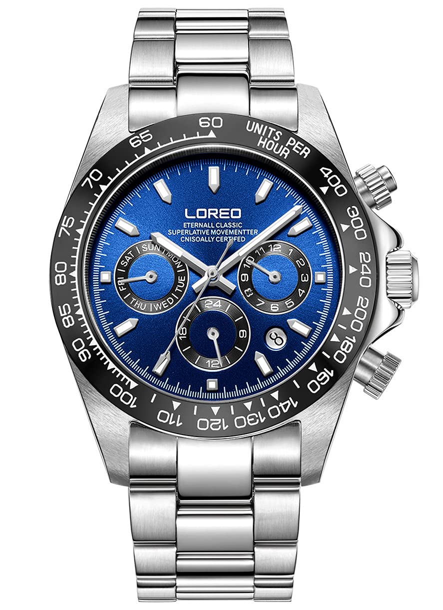LOREO Men's Automatic Watch - Silver Stainless Steel, Sapphire Glass, Ceramic Bezel with Date Display - Military Diving Waterproof Watch (100M) for Outdoor Sports, Swimming & Everyday Wear